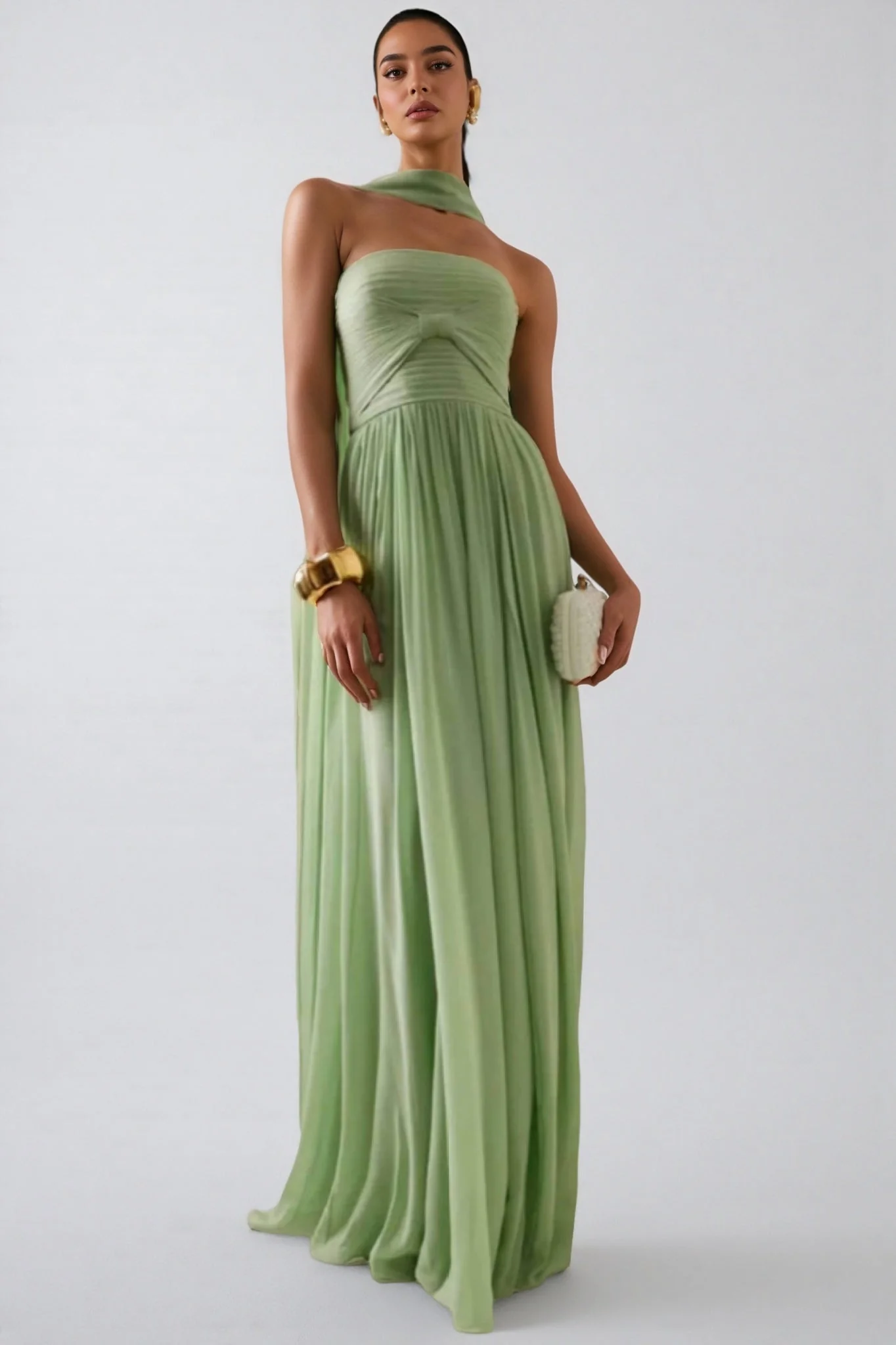 Bellke Green Pleated Strapless Maxi Dress