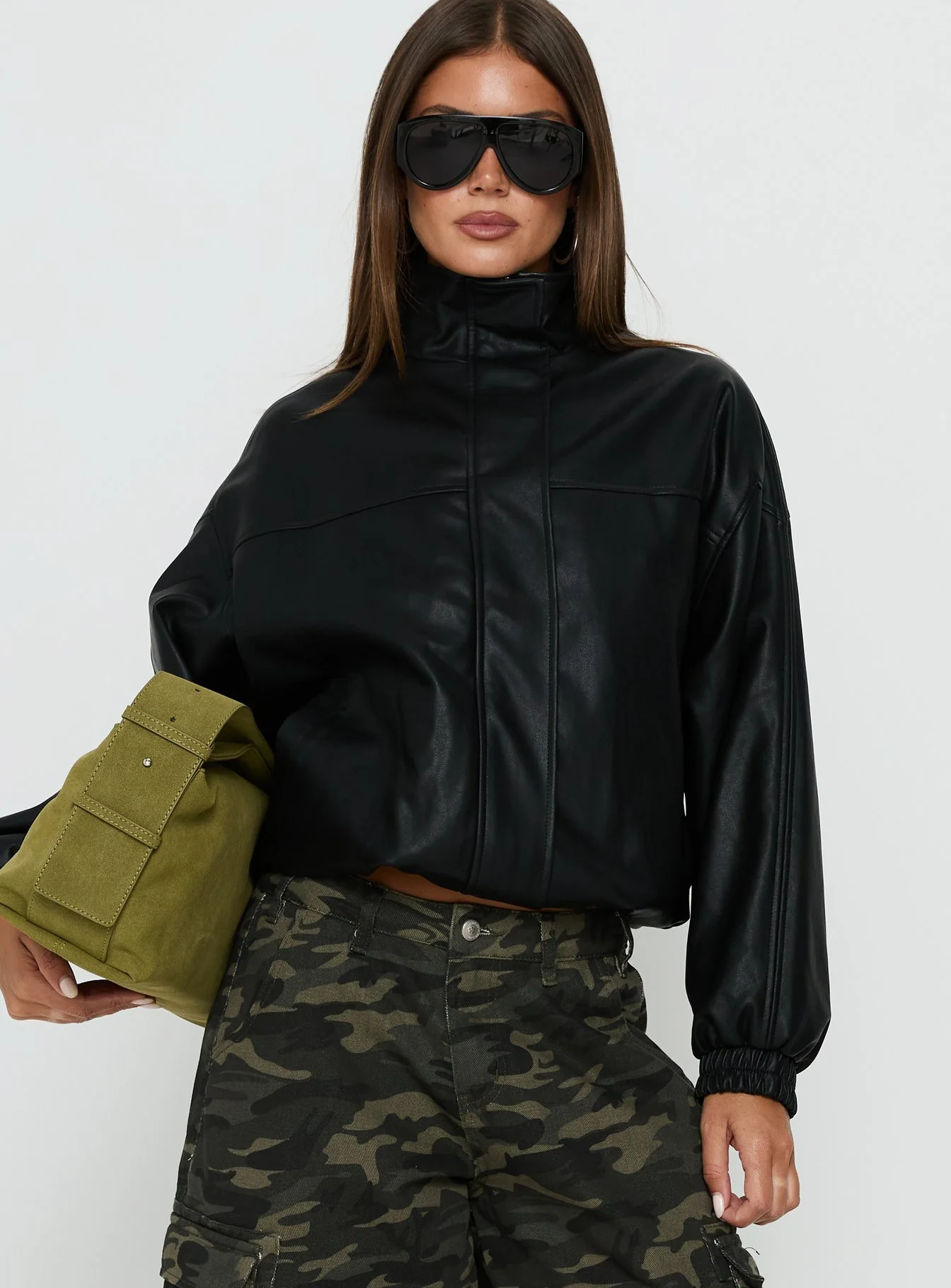 Dialtone Funnel Neck Faux Leather Jacket Black