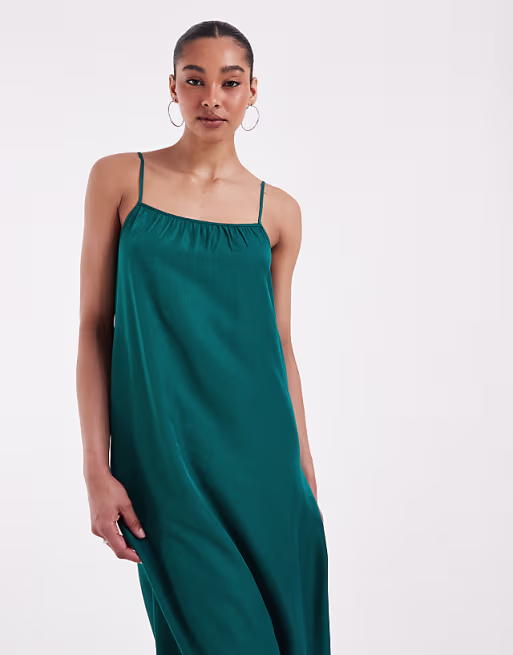 PIECES satin cami maxi dress in teal blue