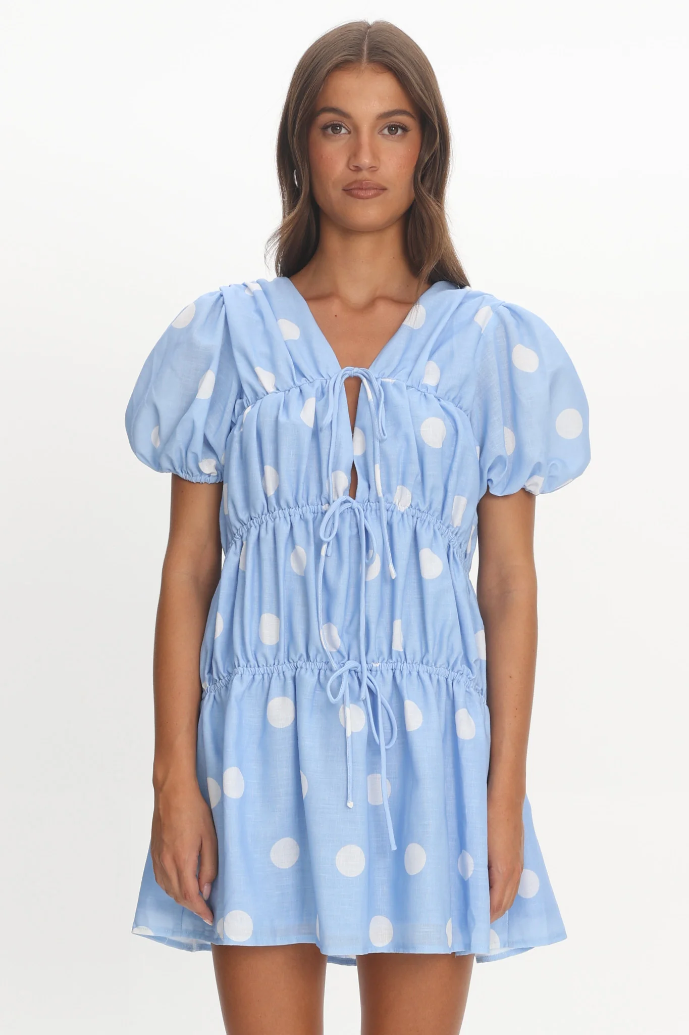 Antibes Tie Front Puff Sleeve Mini Dress Light Blue - luluinthesky