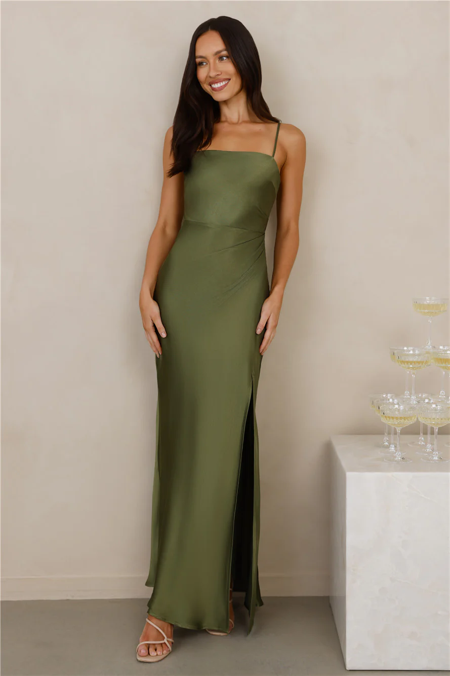 The Violetta Satin Maxi Dress Olive