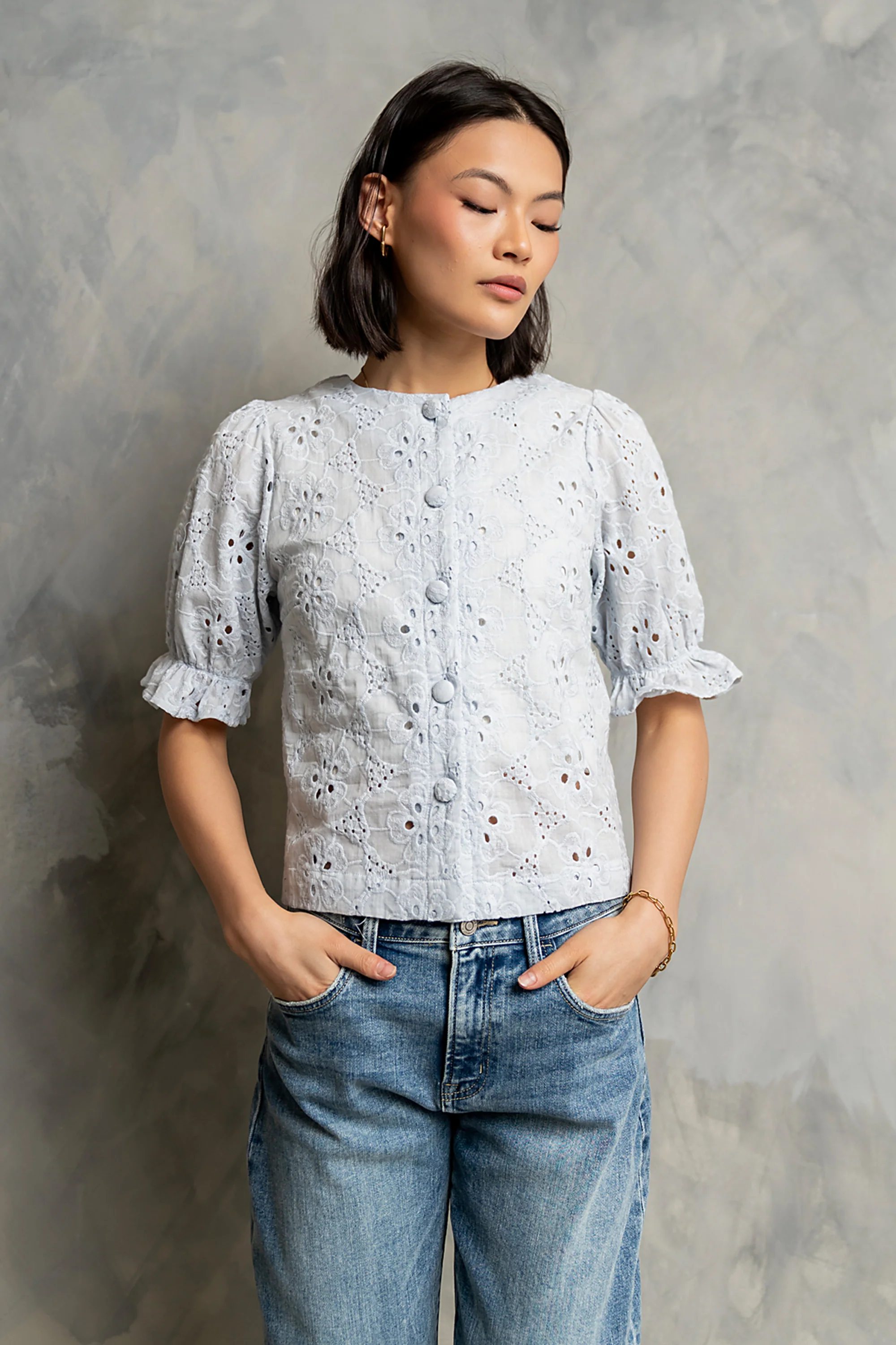 Cassidy Embroidered Button Up in Blue - FINAL SALE