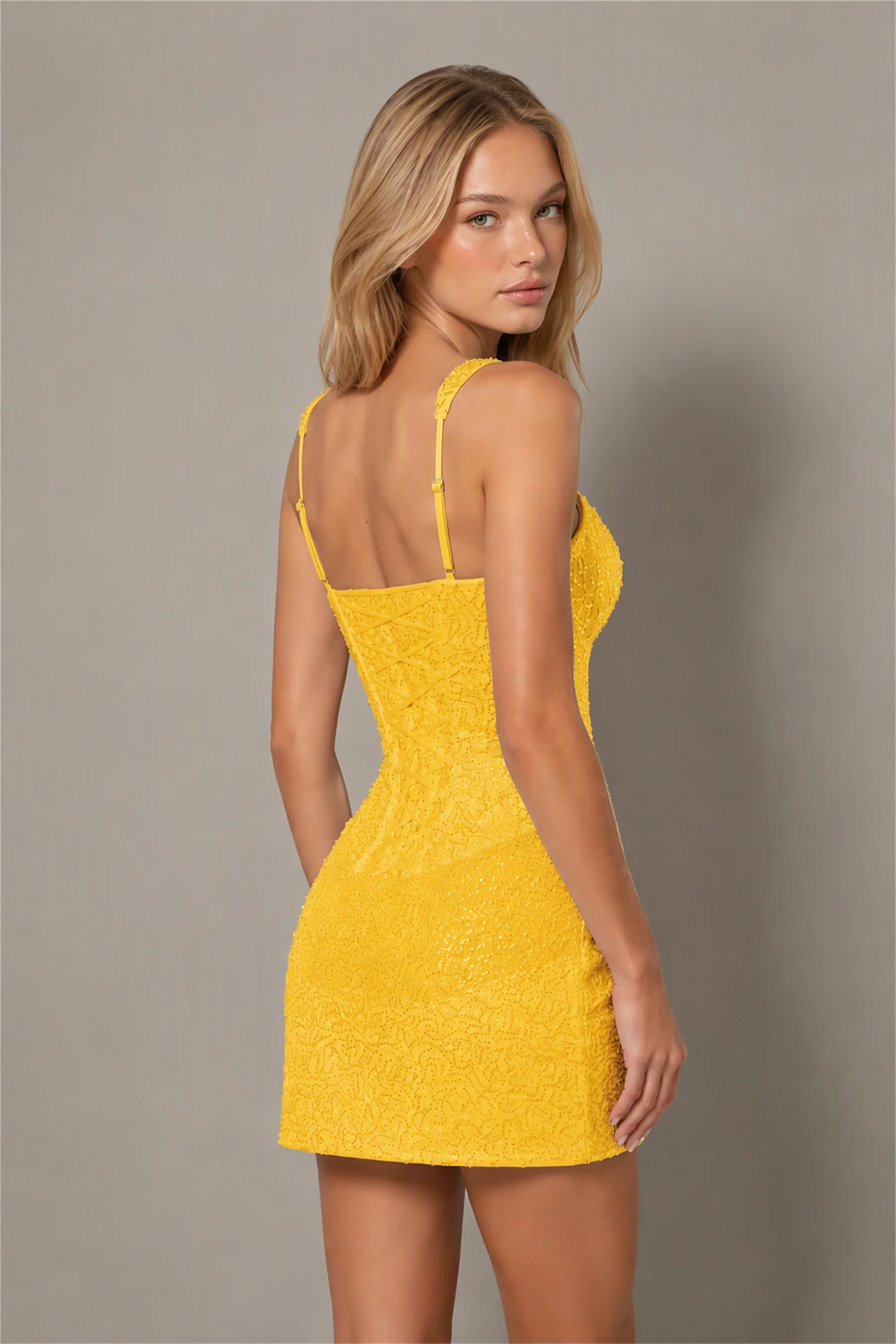 BOLODOO Yellow Iridescent Sequin Lace Square Neck Wide Strap Bodycon Mini Dress | Bachelorette Party Club Night Dress