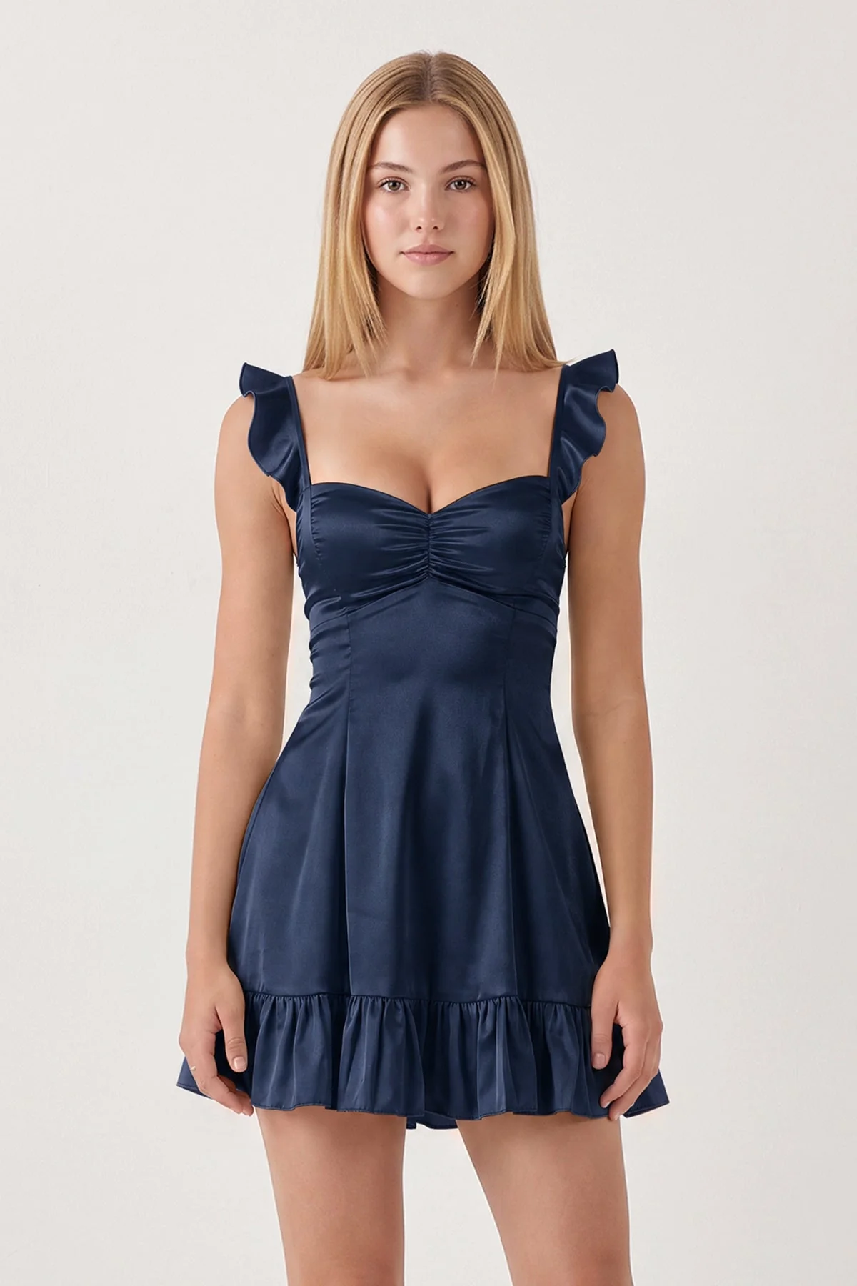 Aqua Sweetheart Ruffled A-Line Satin Homecoming Dress