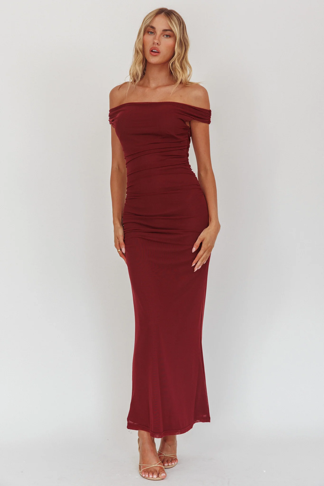 In Blooms Off Shoulder Mesh Midi Dress Wine