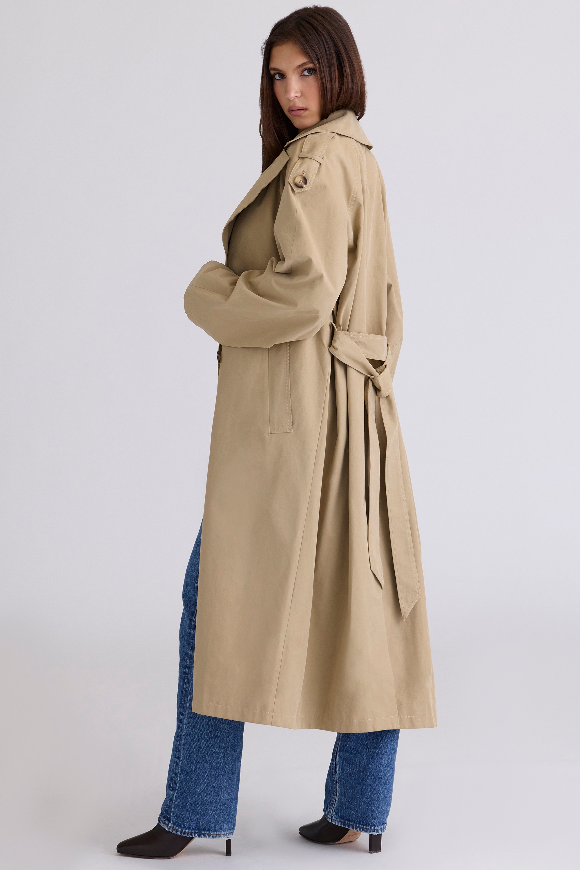 camel belted full trench coat