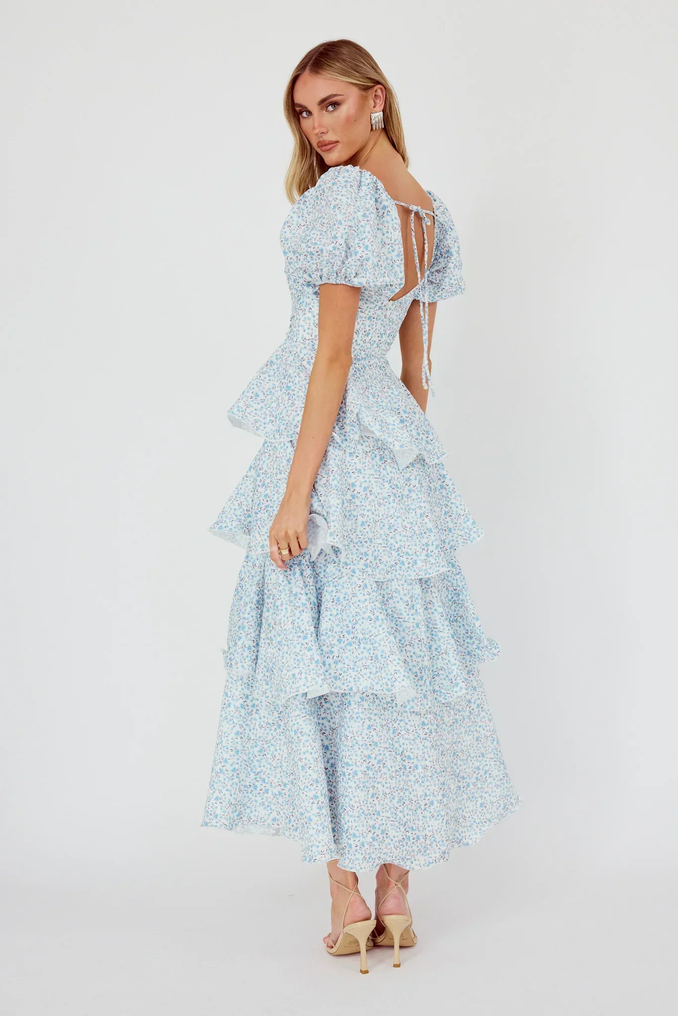 Giavana Puff Sleeve Layered Maxi Dress Floral Blue