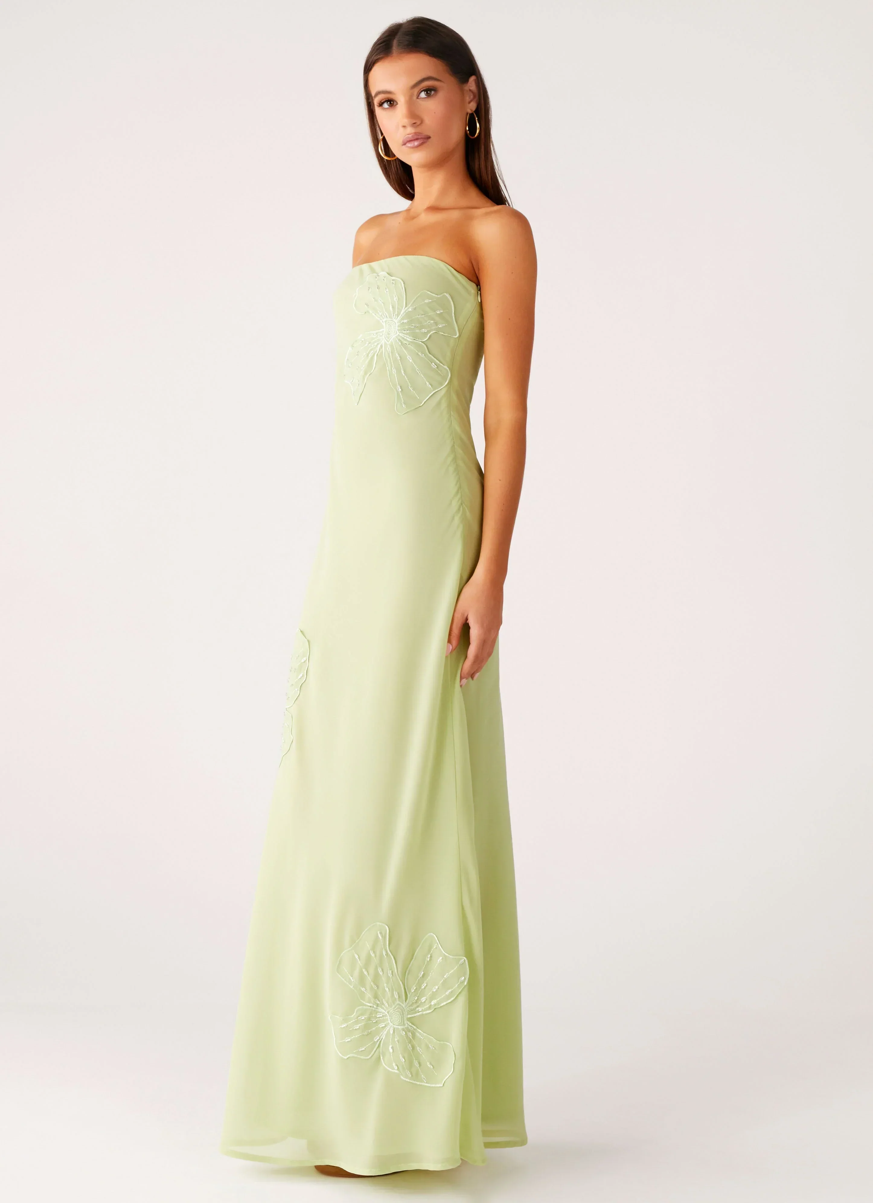 Sassafras Beaded Flower Strapless Maxi Dress - Lime - luluinthesky