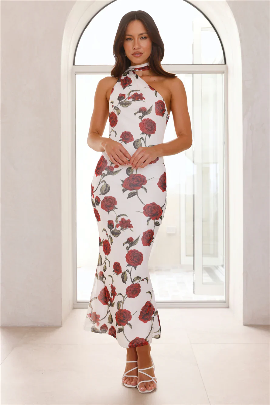 Enchanted Rose Halter Mesh Maxi Dress White