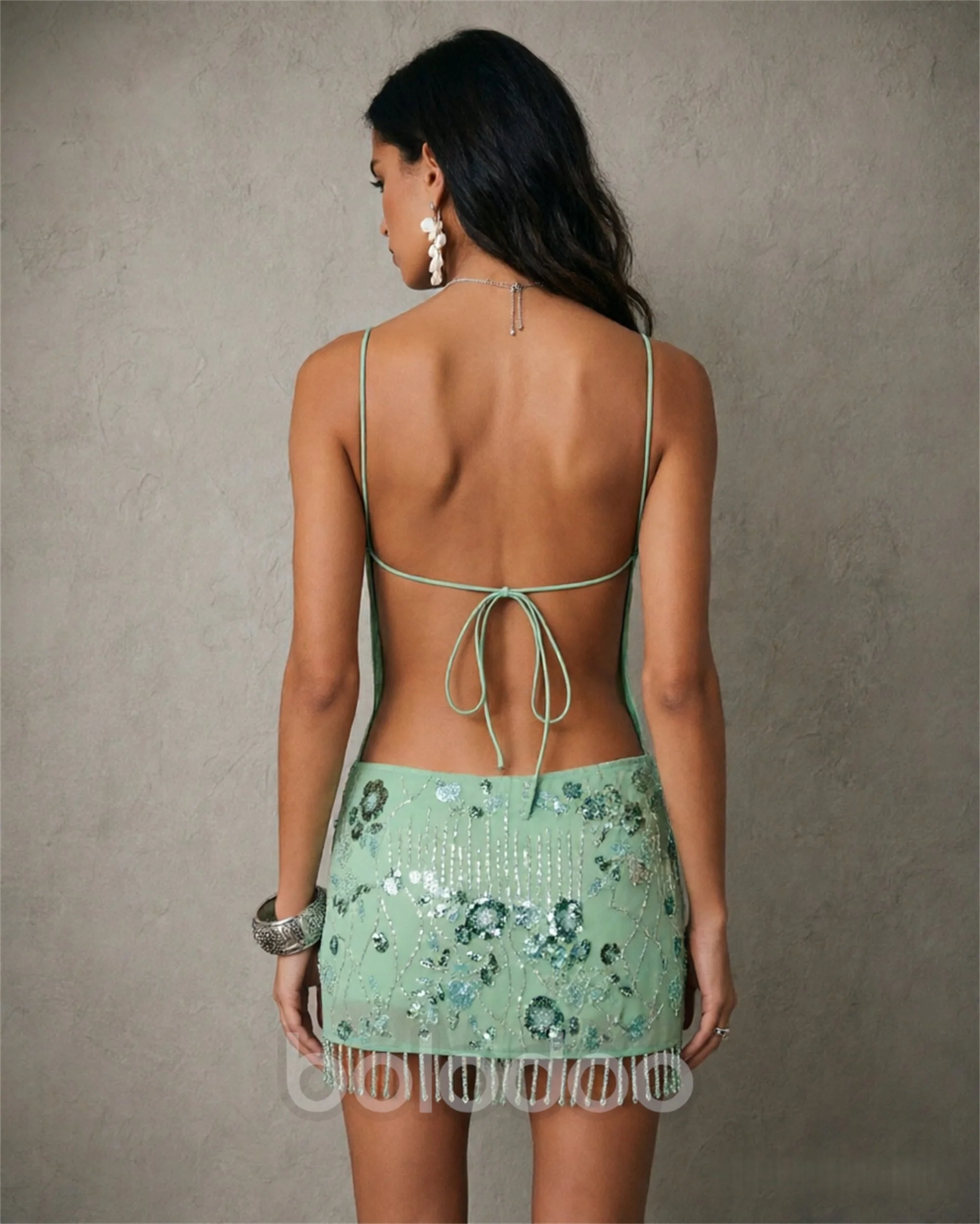 BOLODOO Mint Green Sequin Fringe Mini Dress Spaghetti Strap Open Back | Prom Cocktail
