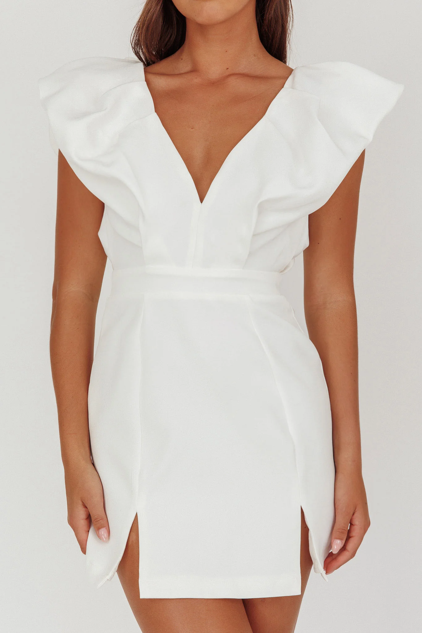Liardon Bubble Sleeve V-Neckline Mini Dress White