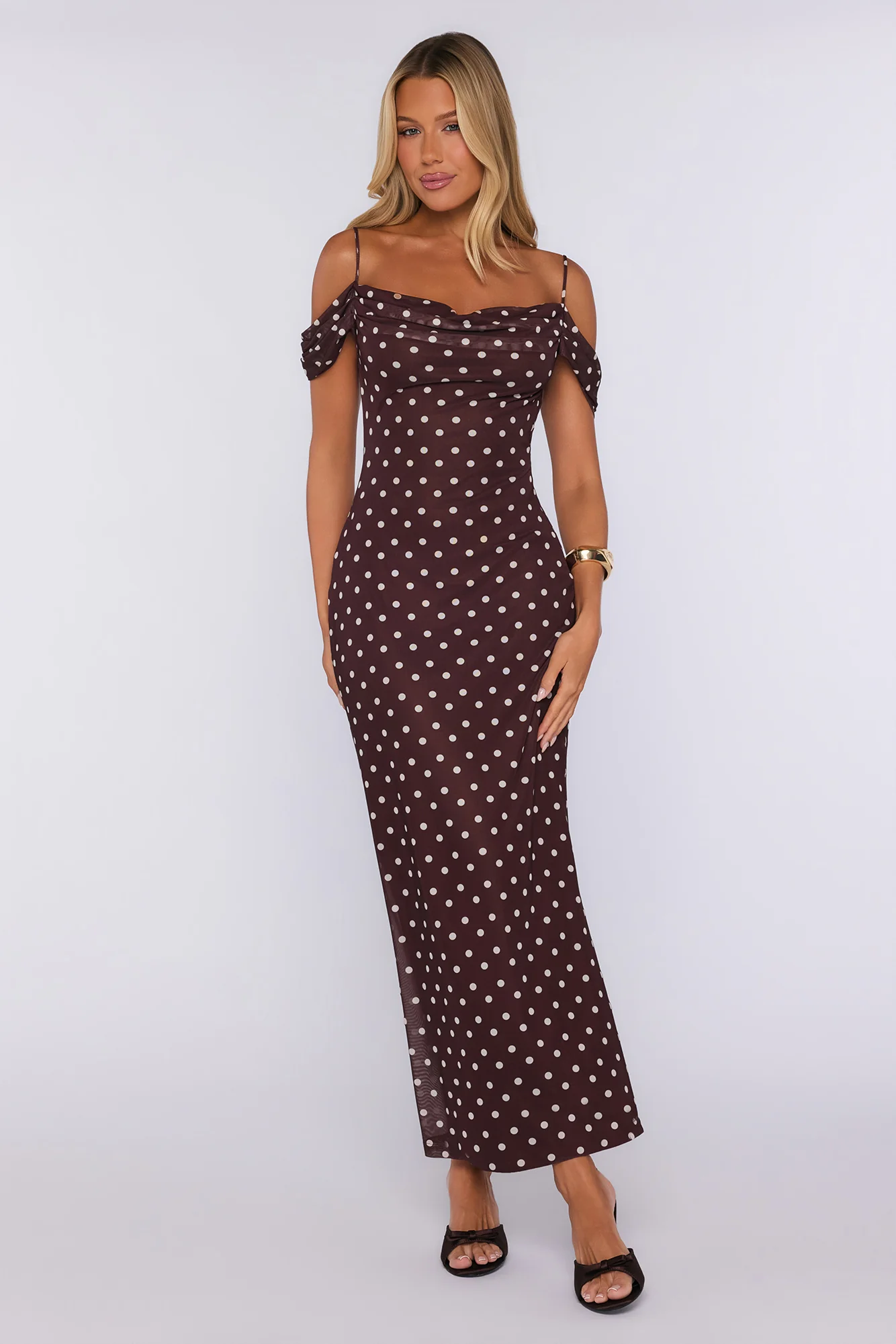 Show Up Stunning Mesh Off Shoulder Midi Dress Brown