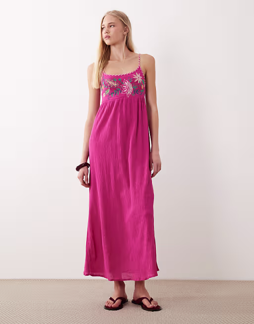 Accessorize embroidered tie back maxi dress in bright pink
