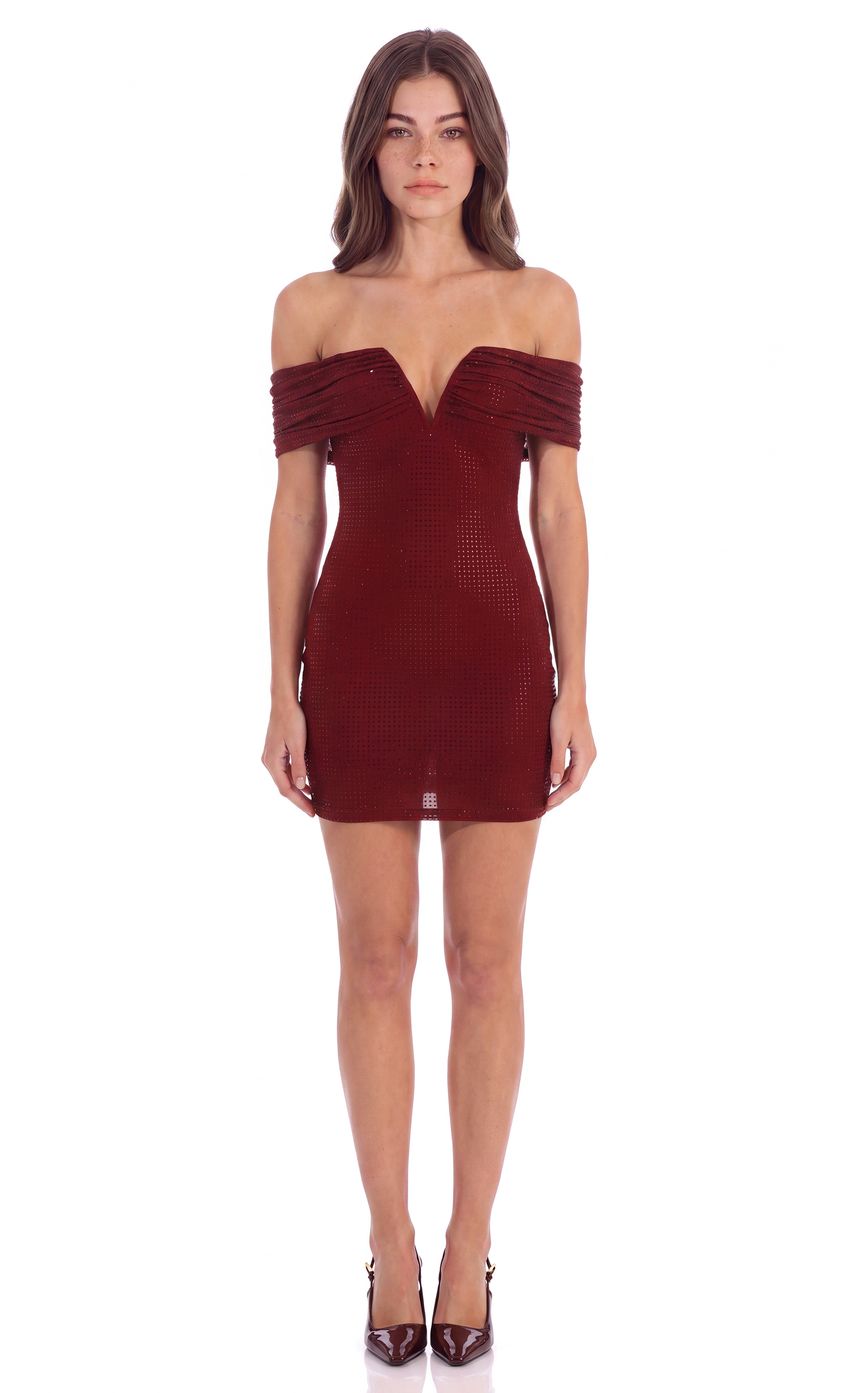 Off-Shoulder Embellished Mini Dress in Burgundy