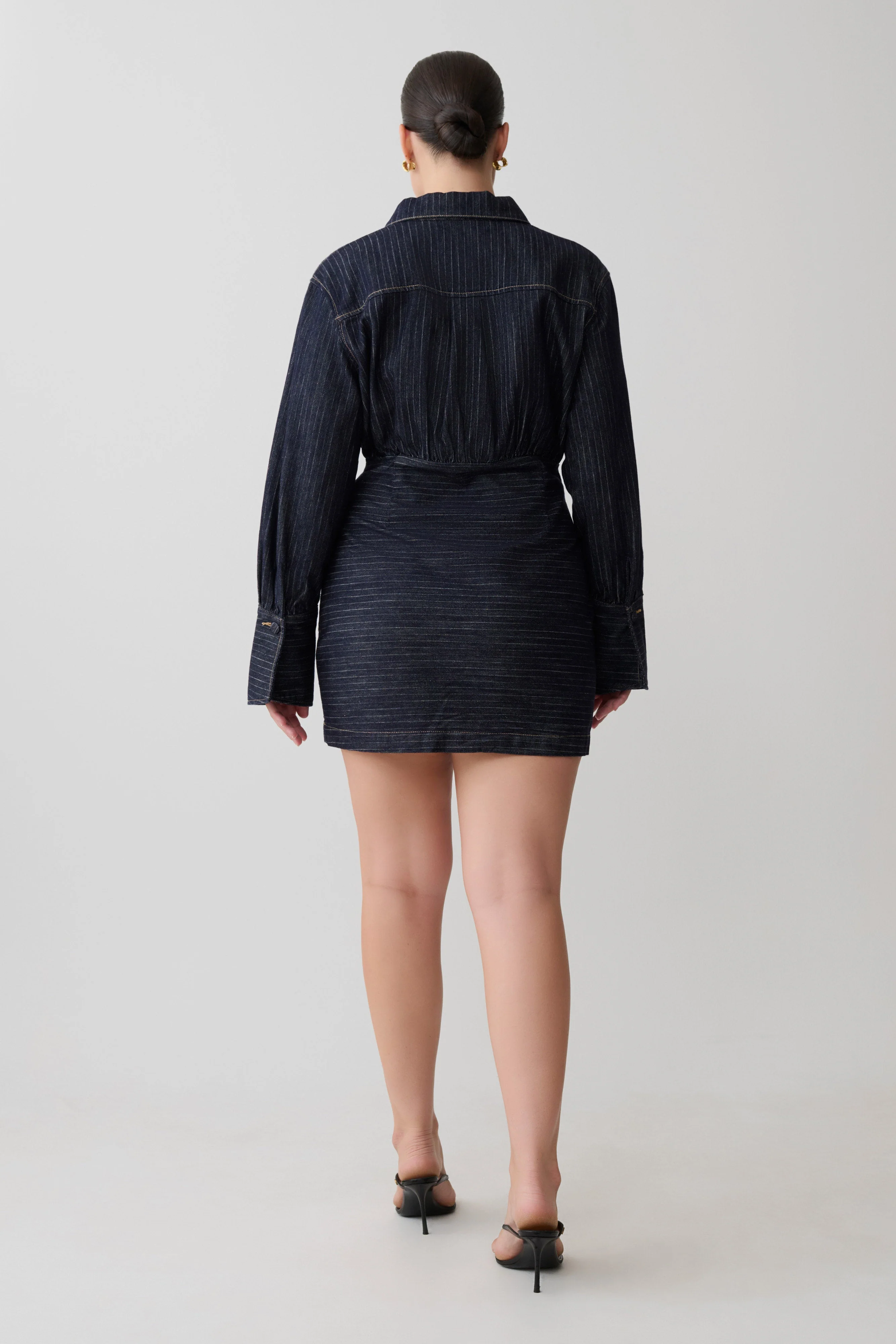 Zarah Denim Long Sleeve Mini Dress - Indigo Pinstripe