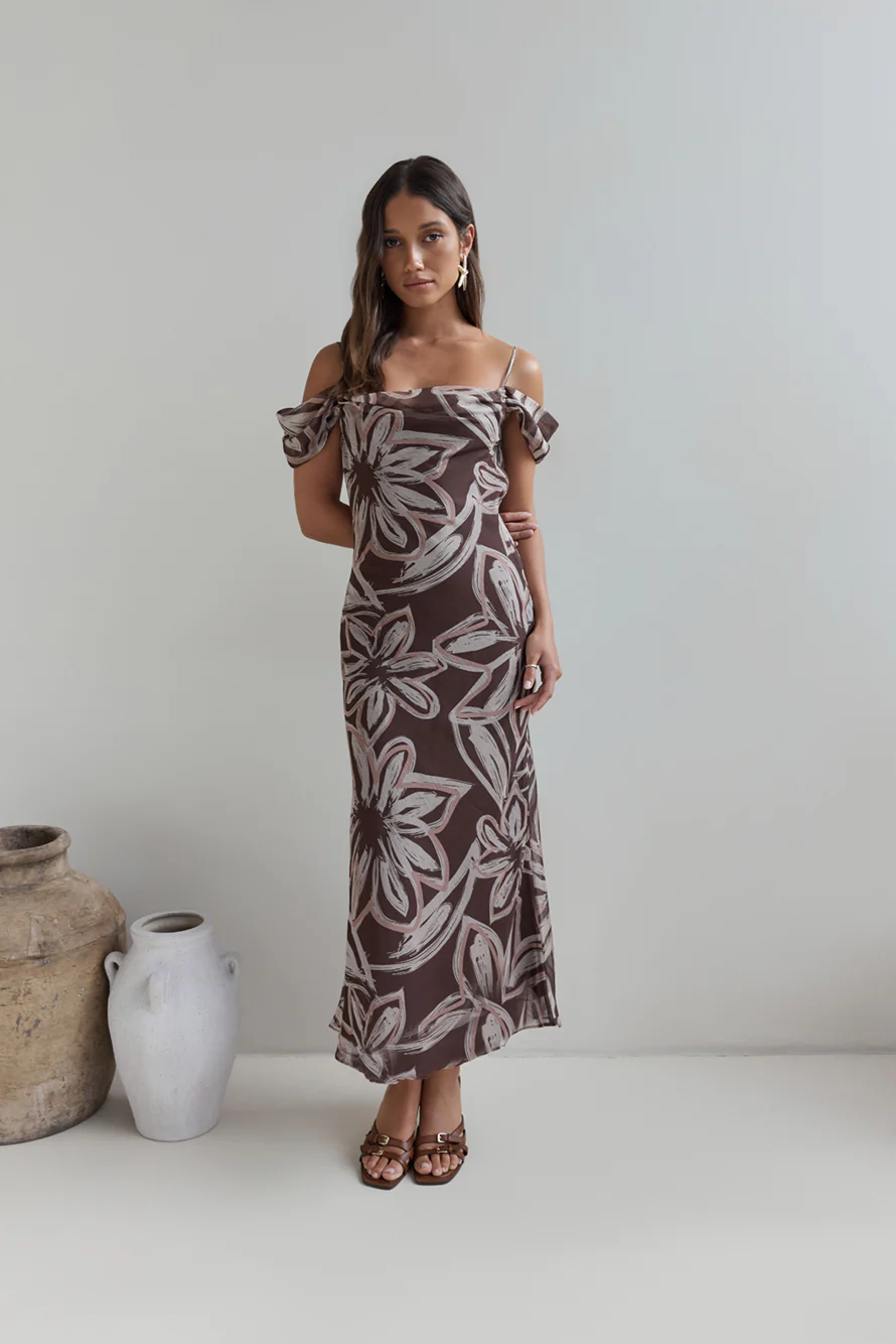 Desert Flower Off Shoulder Maxi Dress Brown