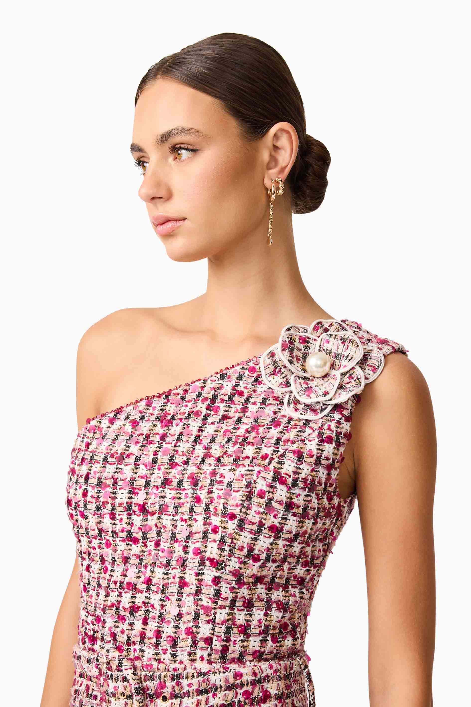 Bianca One Shoulder Tweed Midi Dress in Red