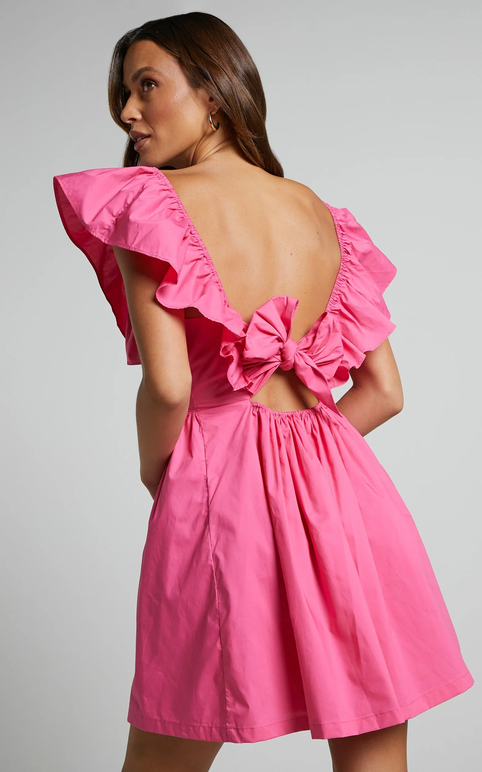 Raiza Mini Dress - Ruffle Sleeve Tie Back Plunge Dress in Fuchsia