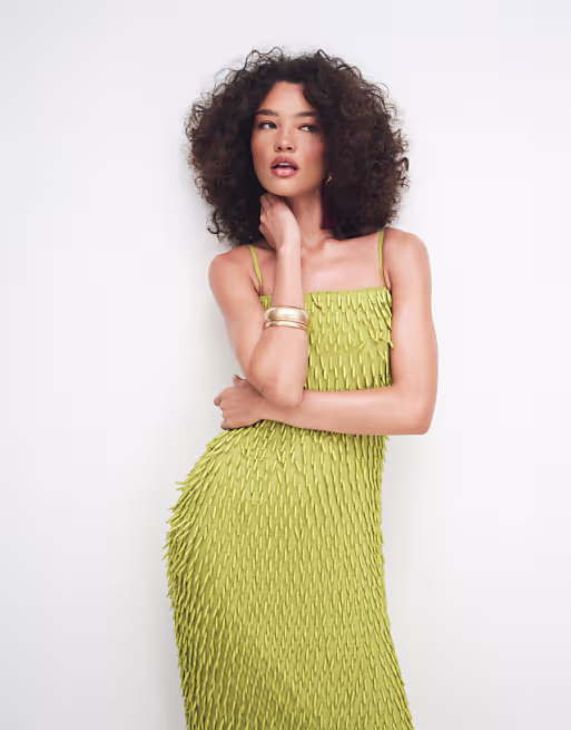 all over embellished cami midi dress in olive green