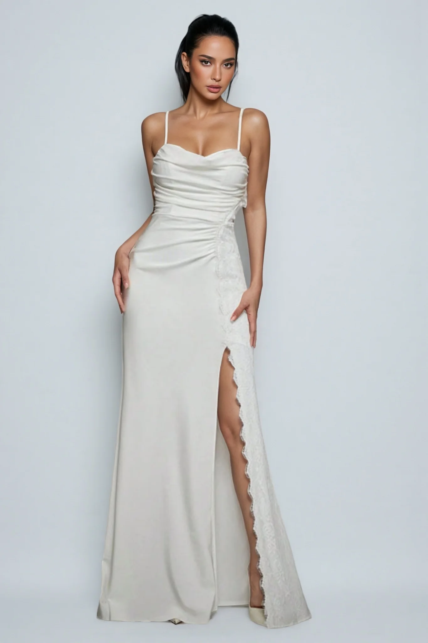 Xila White Split Satin Maxi Dress