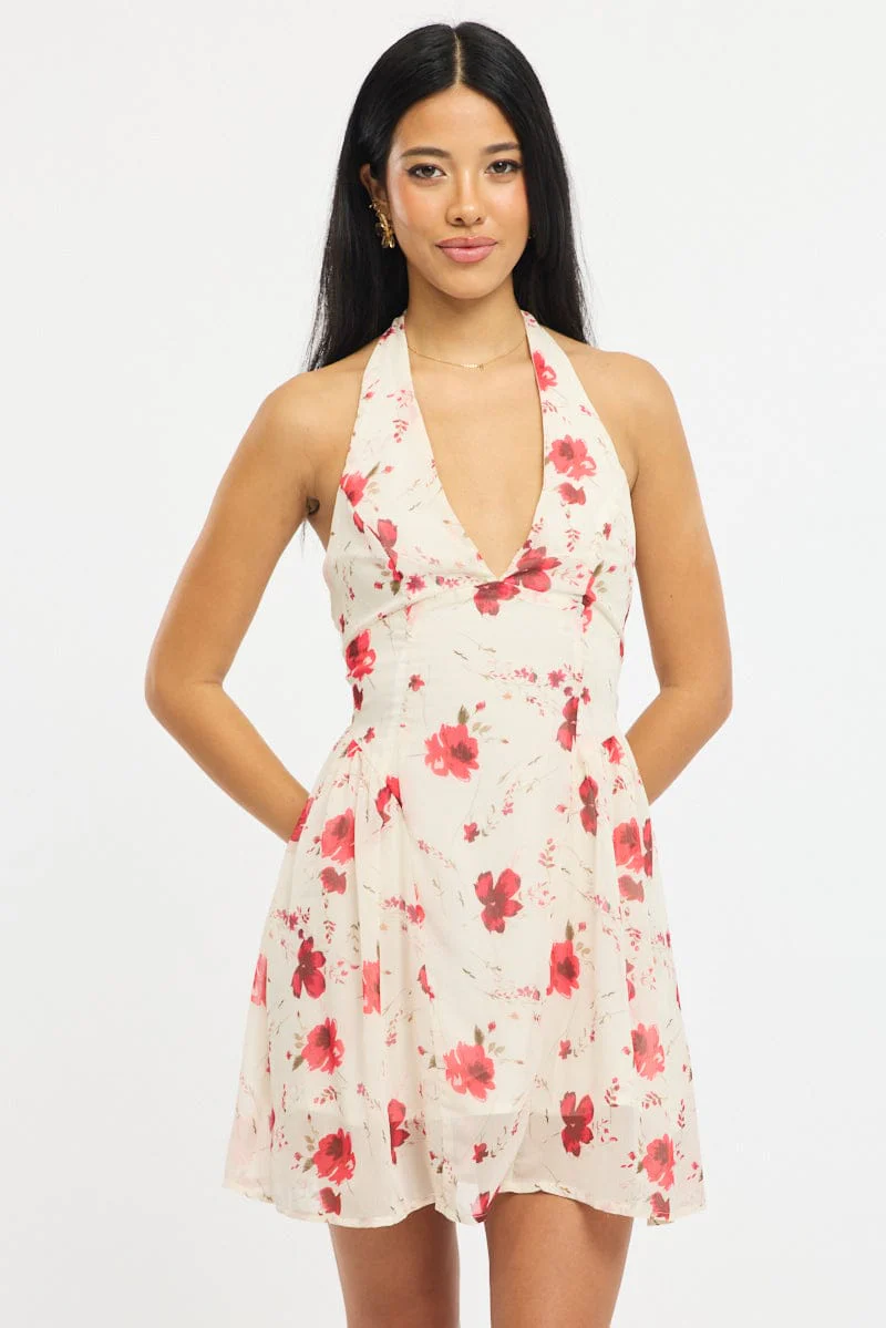 Pink Floral Halter Neck Dress Mini