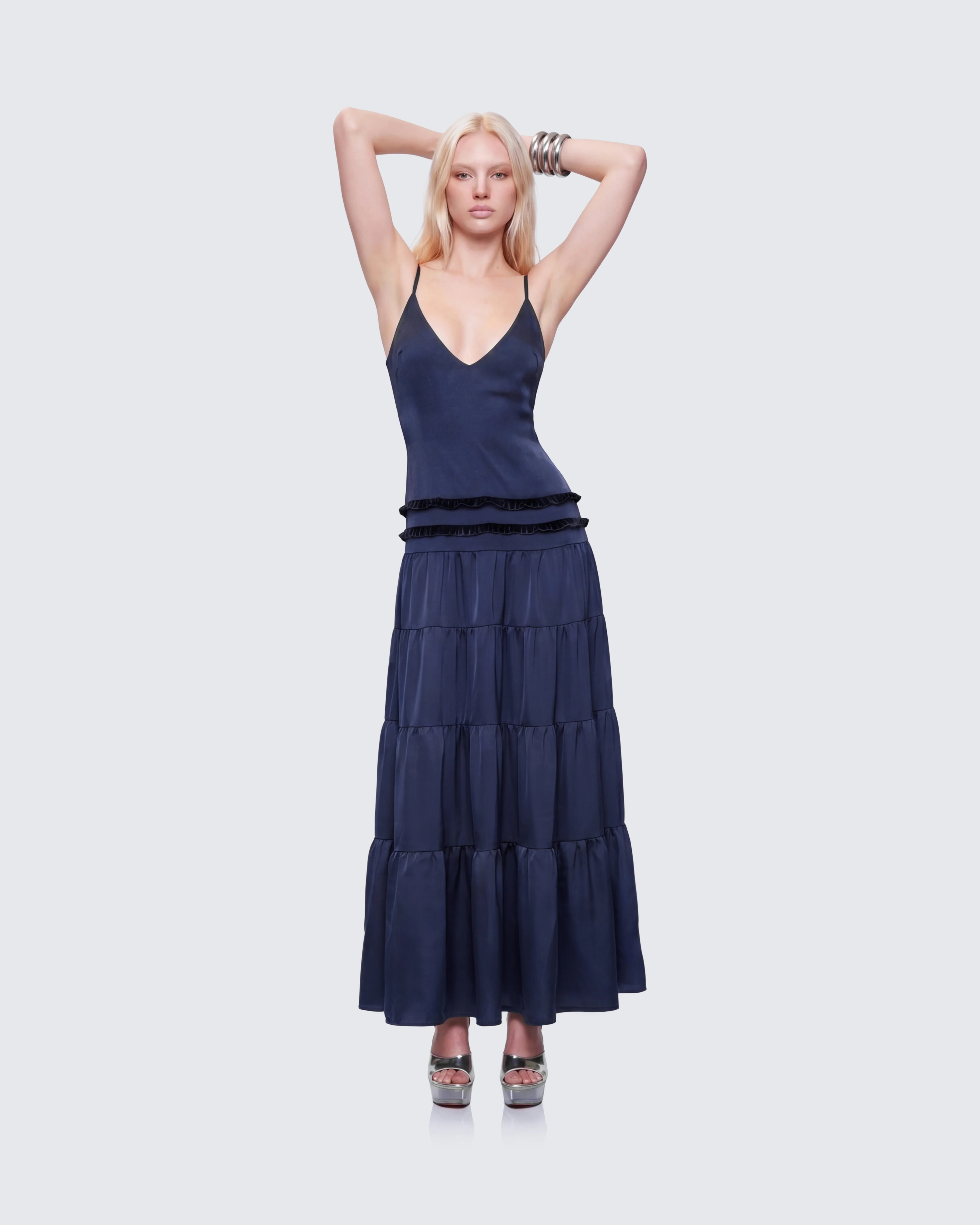 Savanna Navy Backless Satin Maxi Dress
