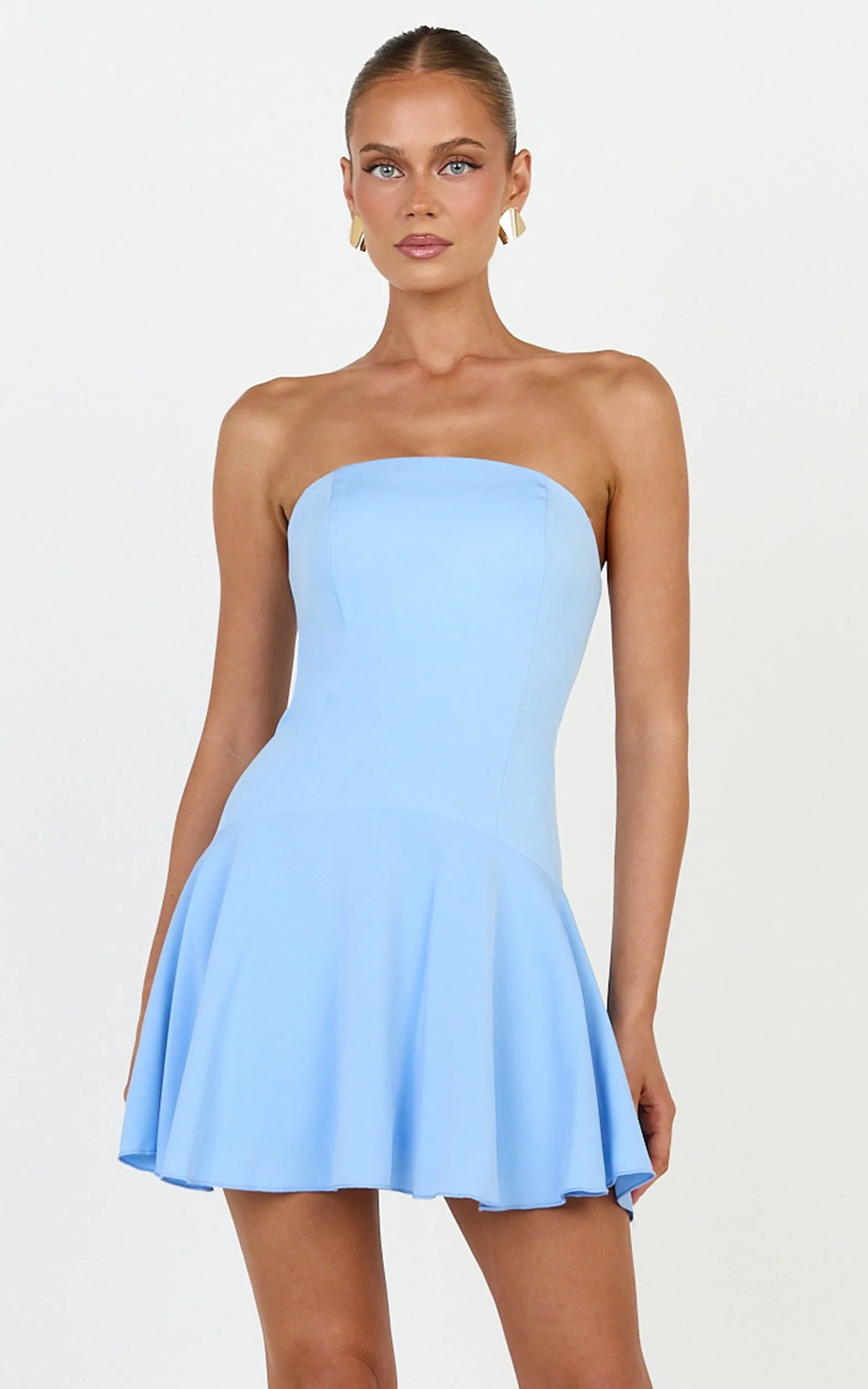 Poppy Mini Dress - Contrast Skirt Strapless Dress in Blue