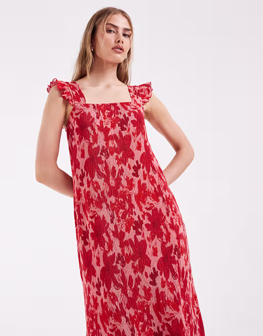 PIECES plisse maxi dress with frill sleeves in pink and red floral print