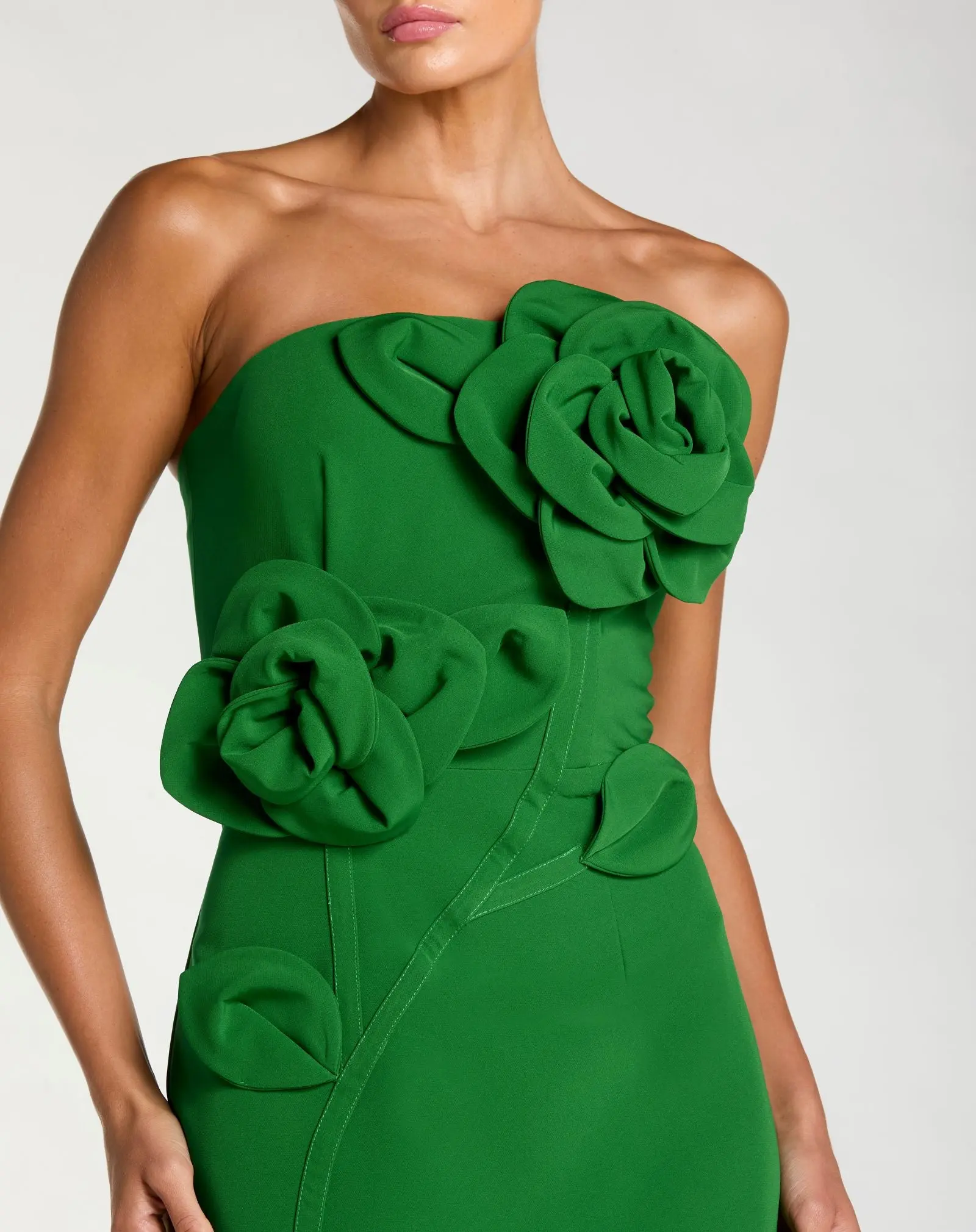Green Strapless Crepe Dress With 3D Flower Detail