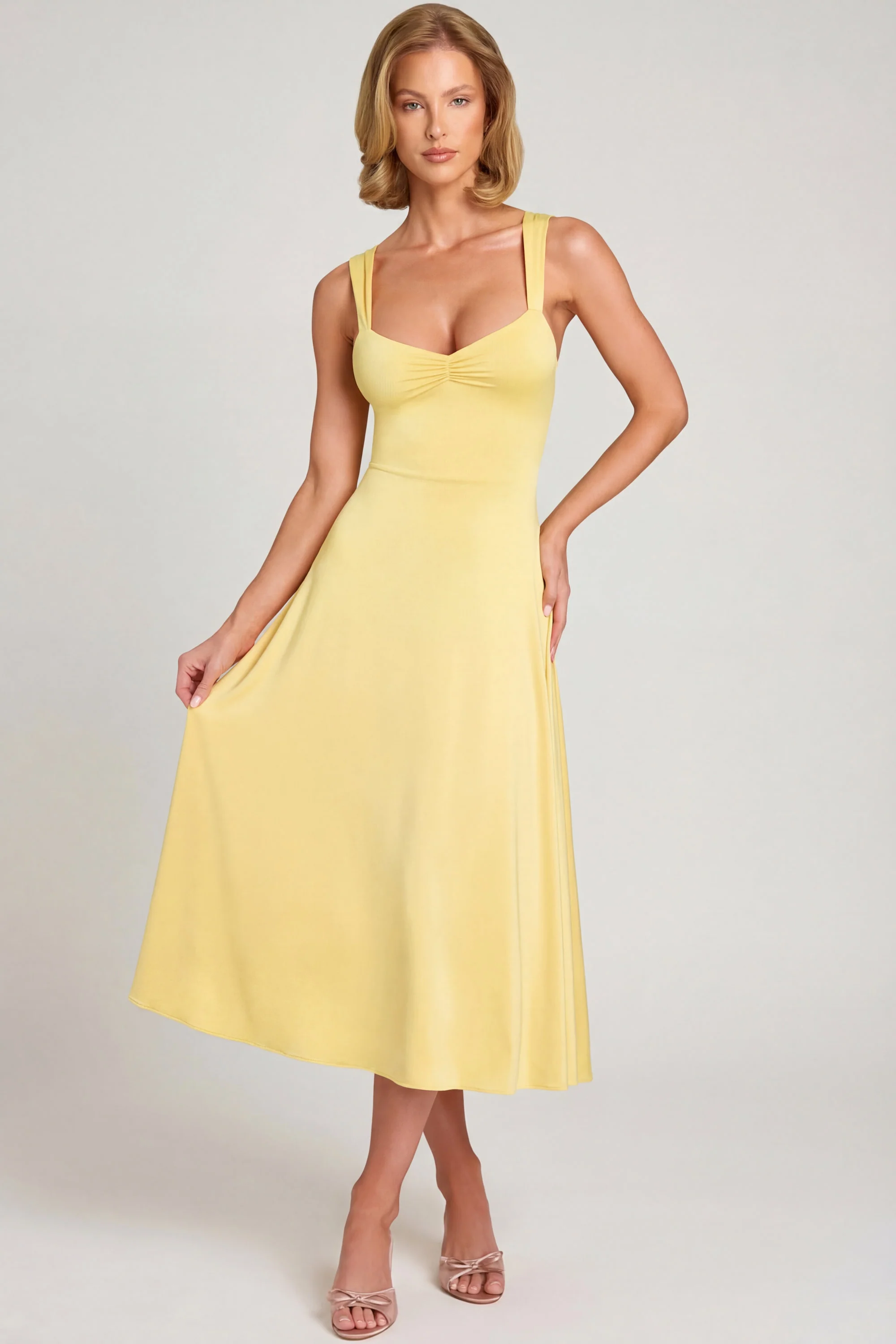 Sweetheart-Neck Ruched Midaxi Dress in Pastel Yellow