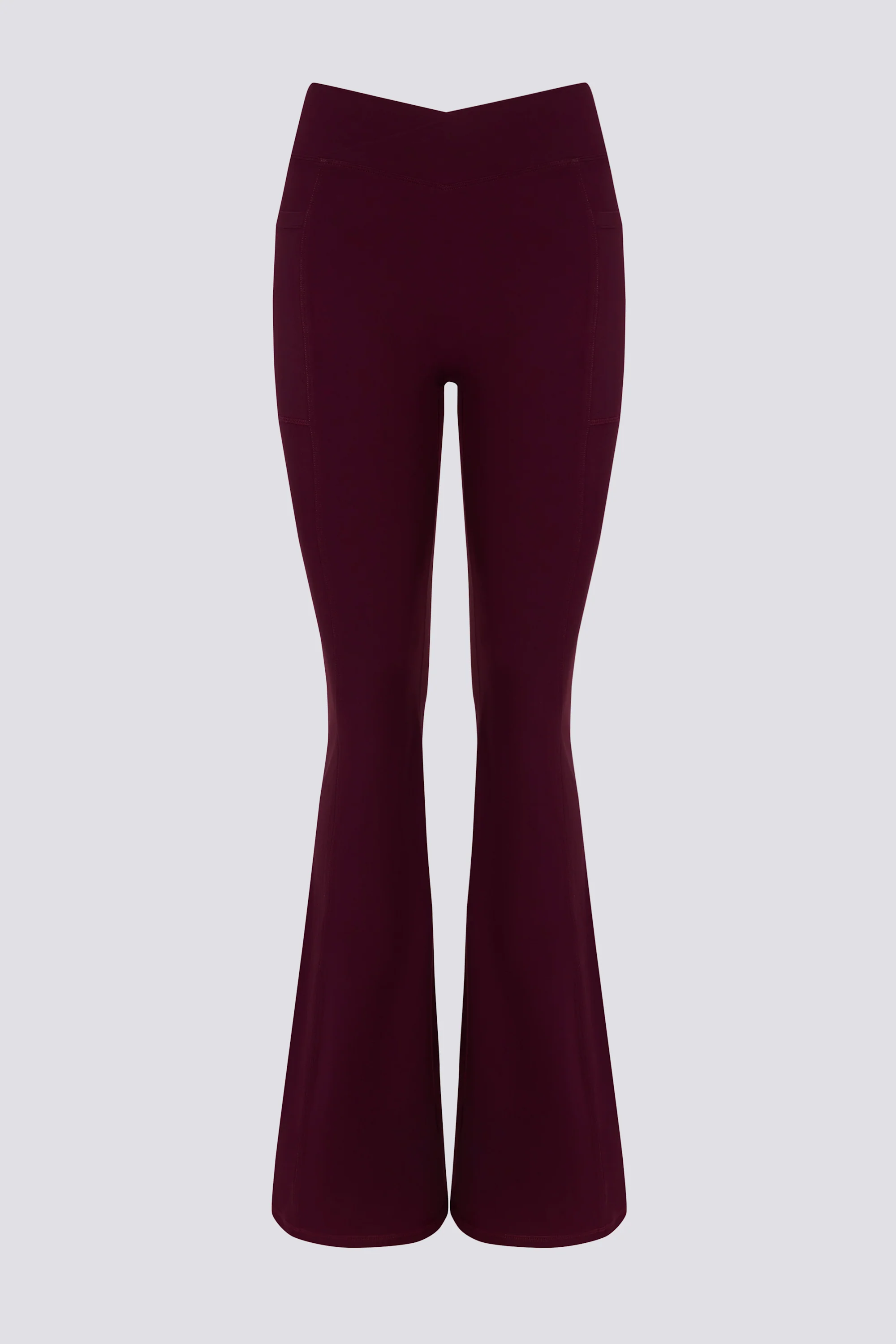 Soft Active V-Waist Pocket Flared Leggings in Burgundy