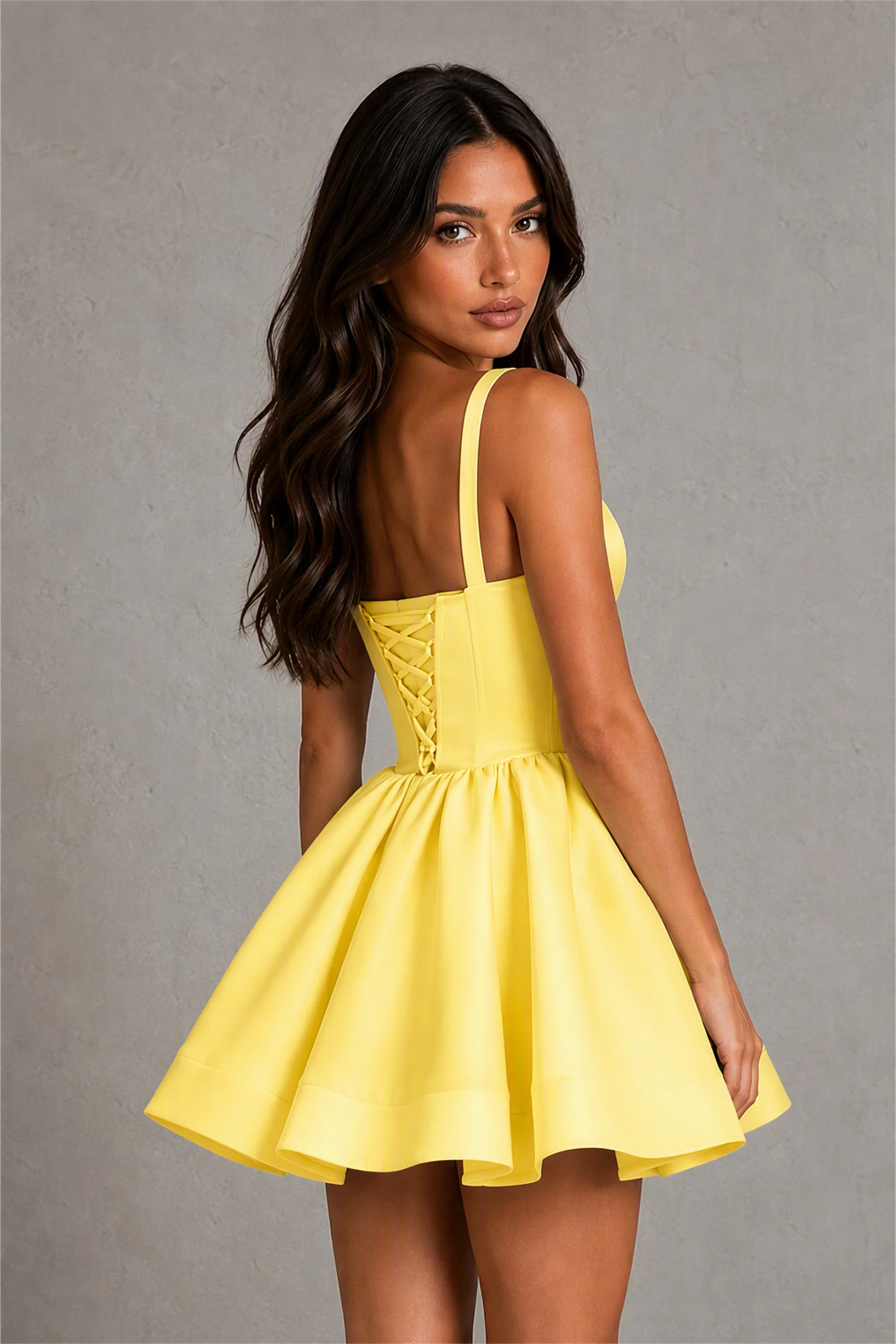 BOLODOO Baby Yellow Satin Square Neck Bow Strap Lace-Up Back Bubble Mini Dress | Cocktail Party Date Night Dress