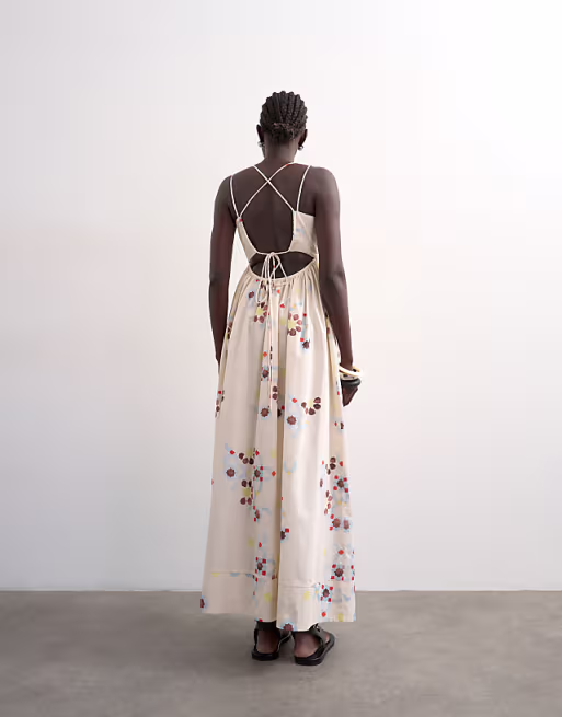 Topshop poplin strappy back volume maxi sundress in mosaic print