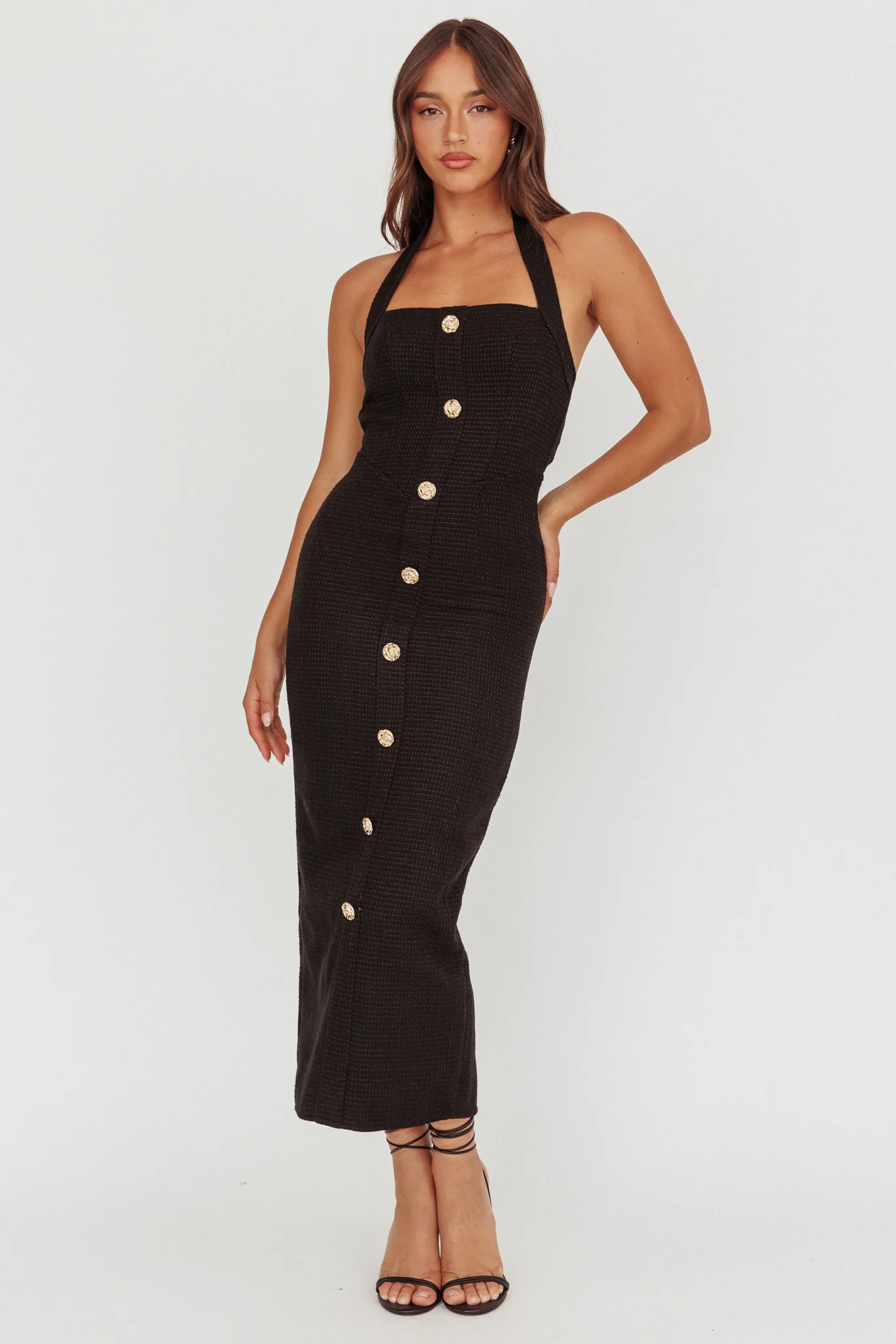 She Is Button Front Halter Midi Dress Tweed Black - luluinthesky