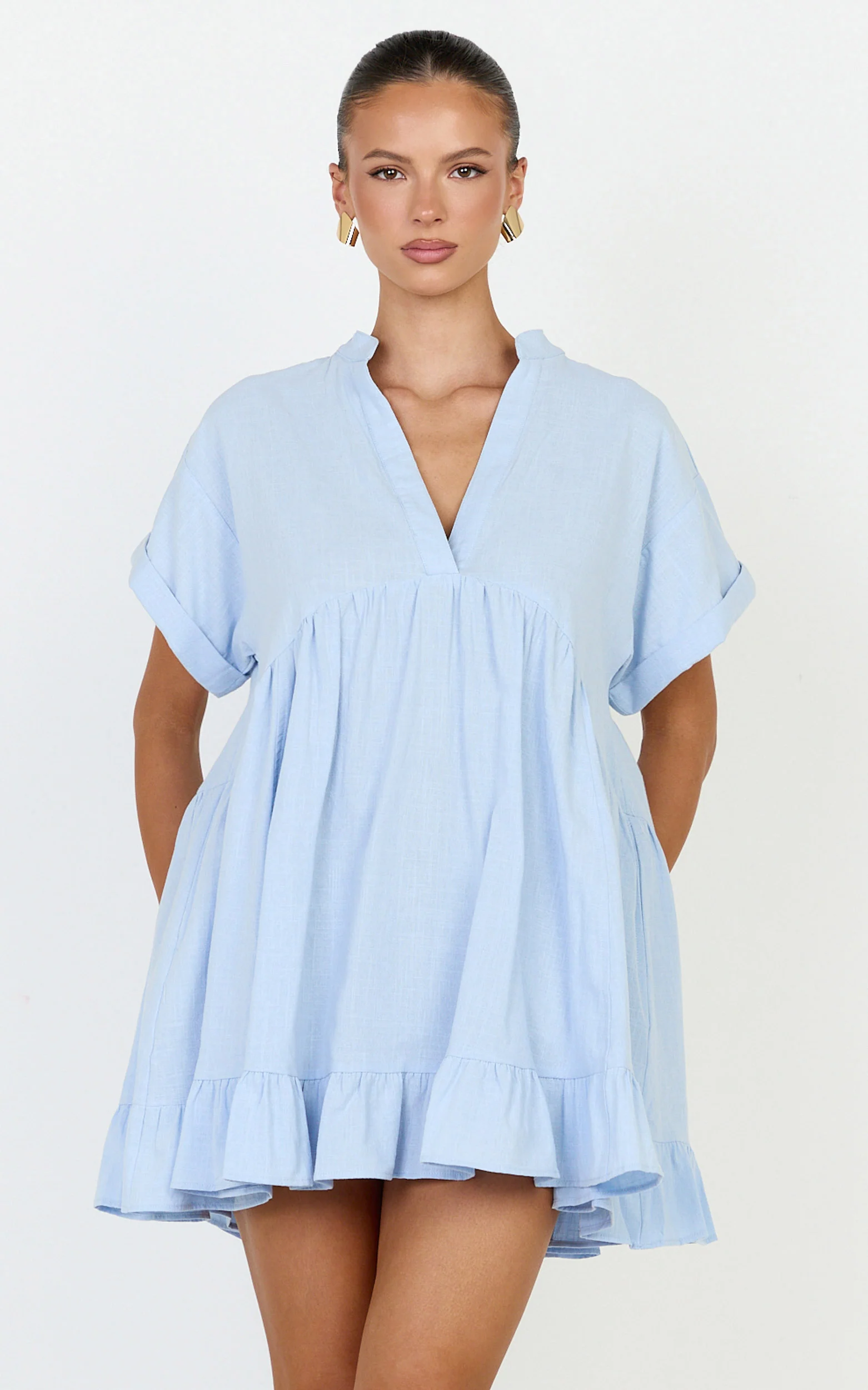 Calissa Mini Dress - Frill Hem Smock Dress in Light Blue