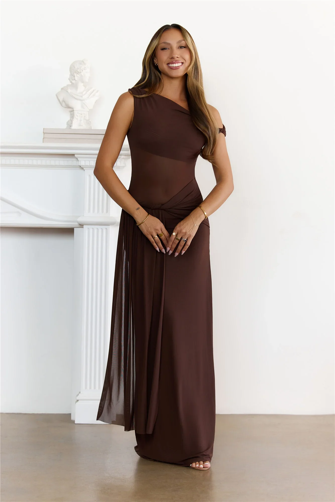 Sleek Off Shoulder Sheer Maxi Dress Chocolate