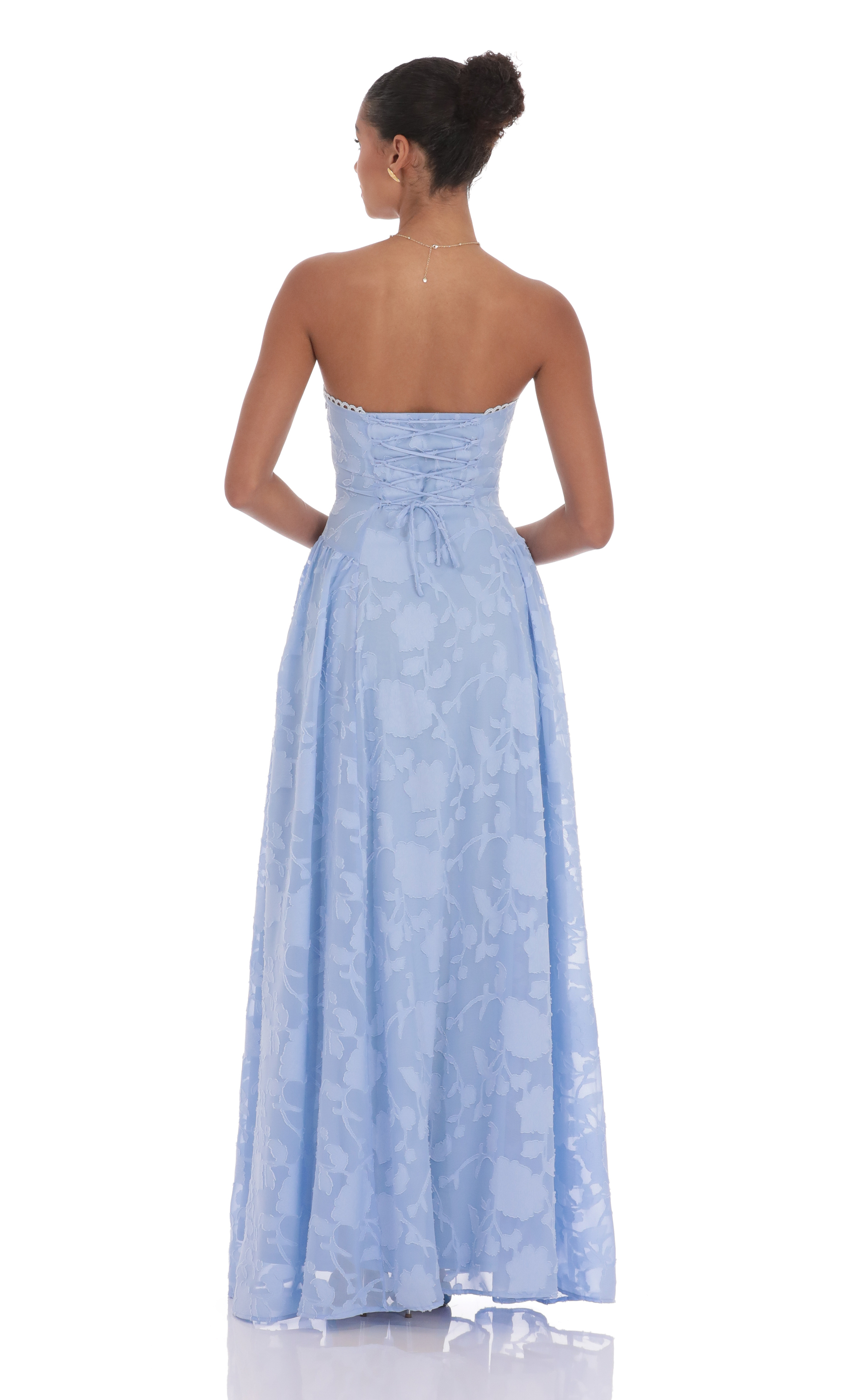 Floral Lace-Up Maxi Dress in Light Blue - luluinthesky