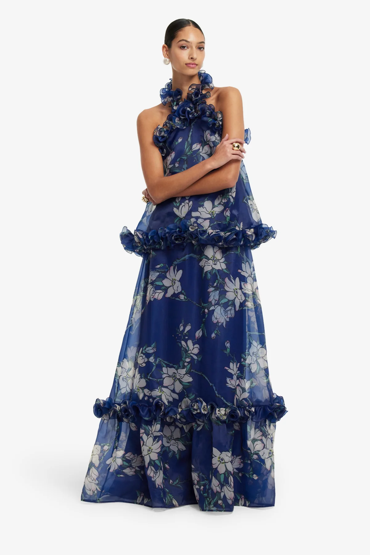 Michelle Ruffled Halterneck Top - Midnight Magnolia Print