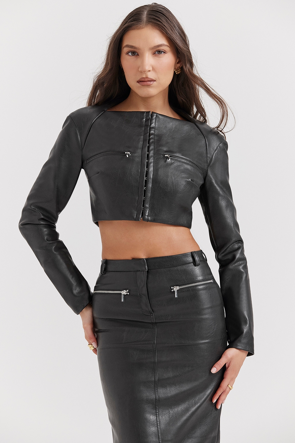 black vegan leather cropped top