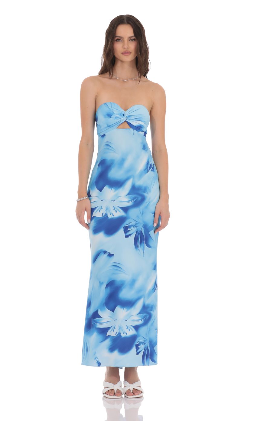 Floral Cutout Strapless Maxi Dress in Blue