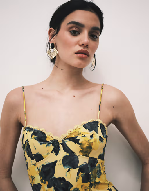 cotton sateen cami maxi sundress with bust detailing in yellow print