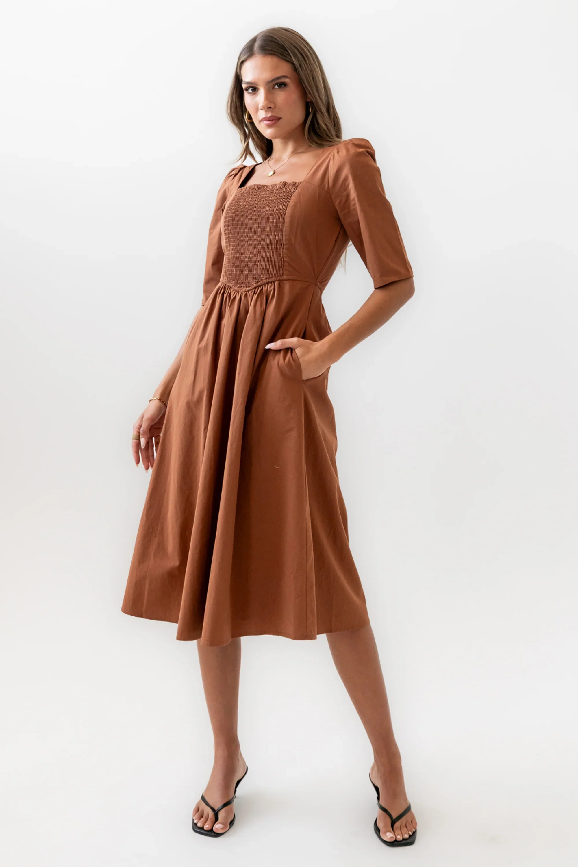 Paisley Smocked Midi Dress in Rust