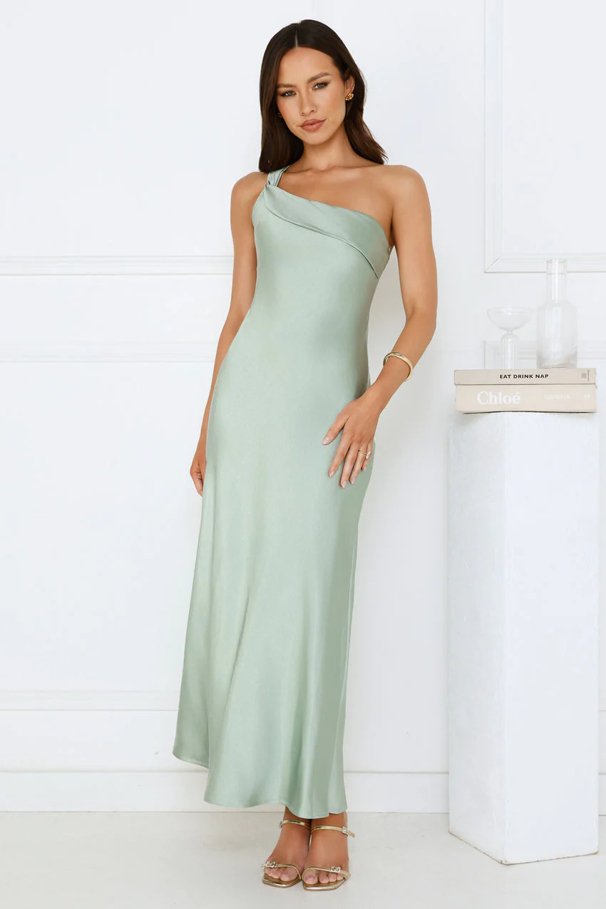 Romantic Tales Satin One Shoulder Maxi Dress Sage - luluinthesky