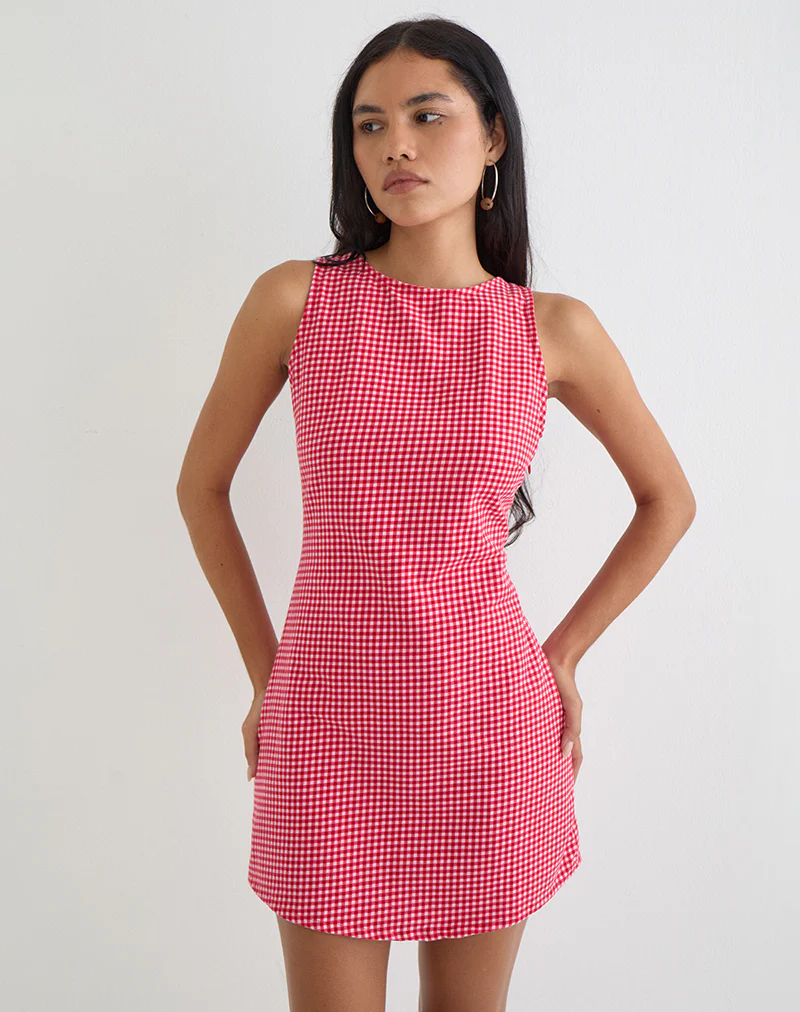 Ayana Backless Mini Dress in Linen Red Gingham