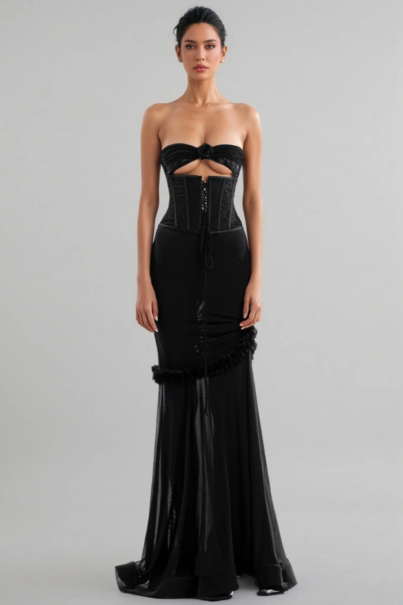 Rykelf Black Embroidered 3D Flower Maxi Dress