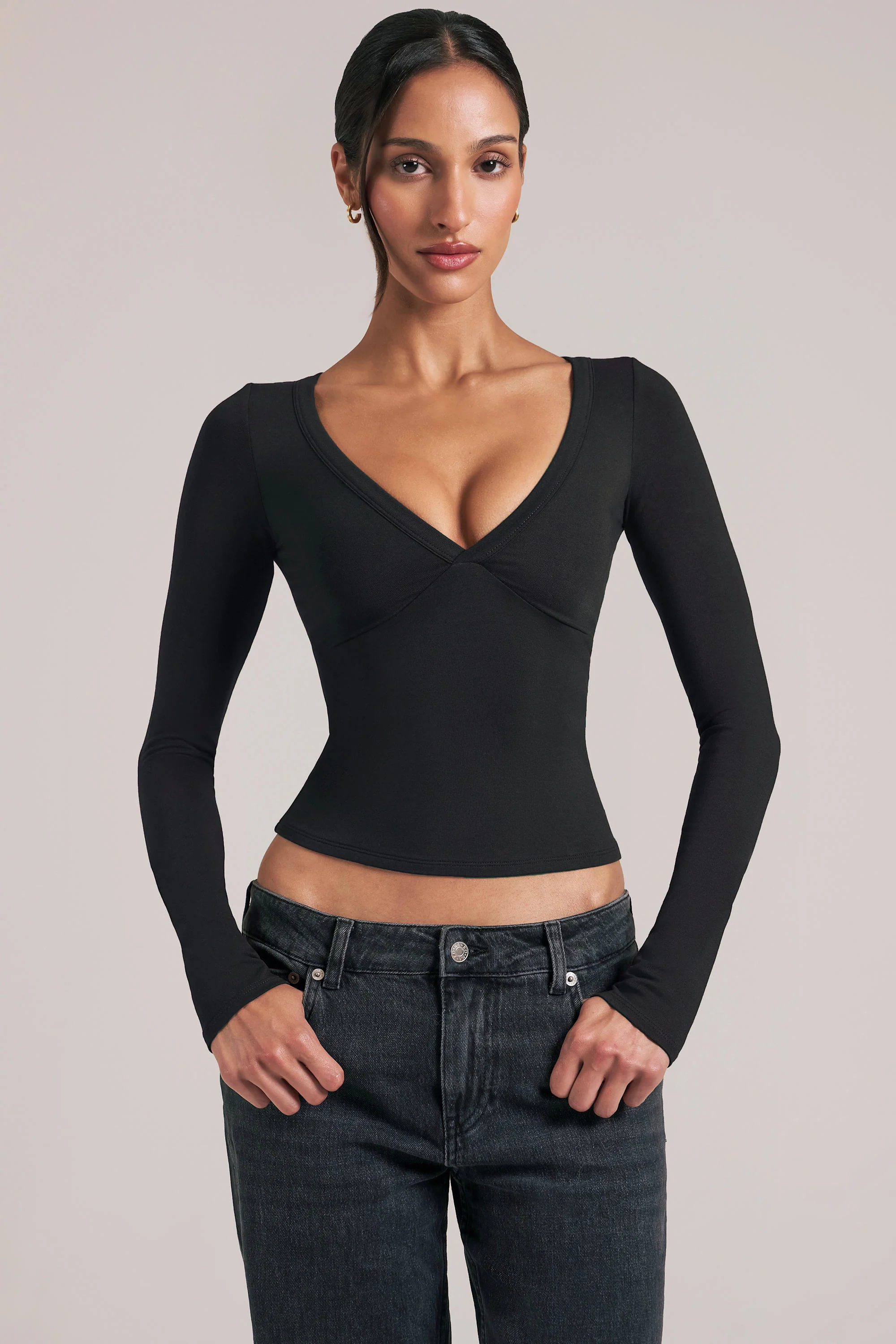 V-Neck Long-Sleeve Top  in Black