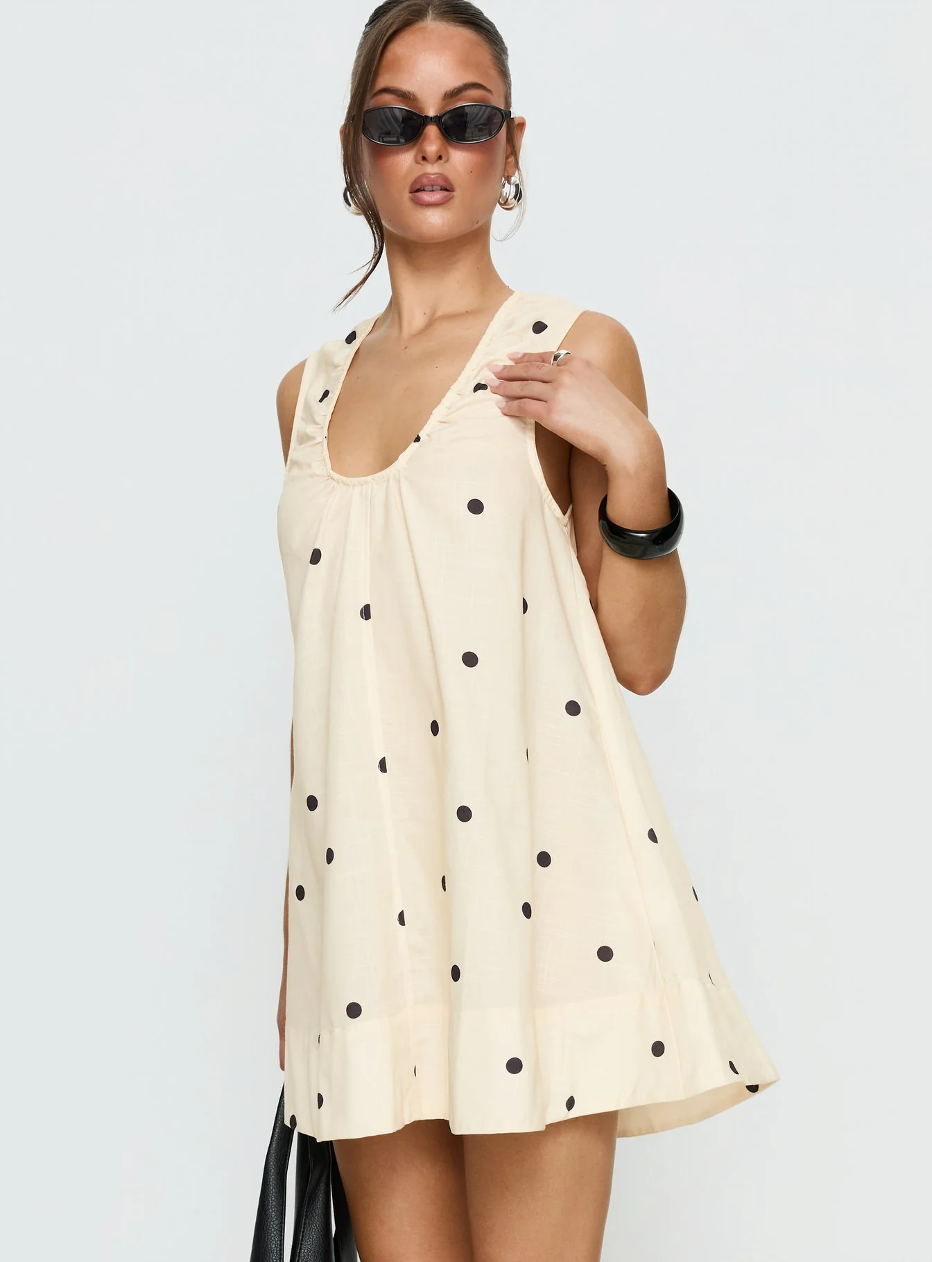 Eberta Ruched Baby Doll Mini Dress Yellow Polka Dot