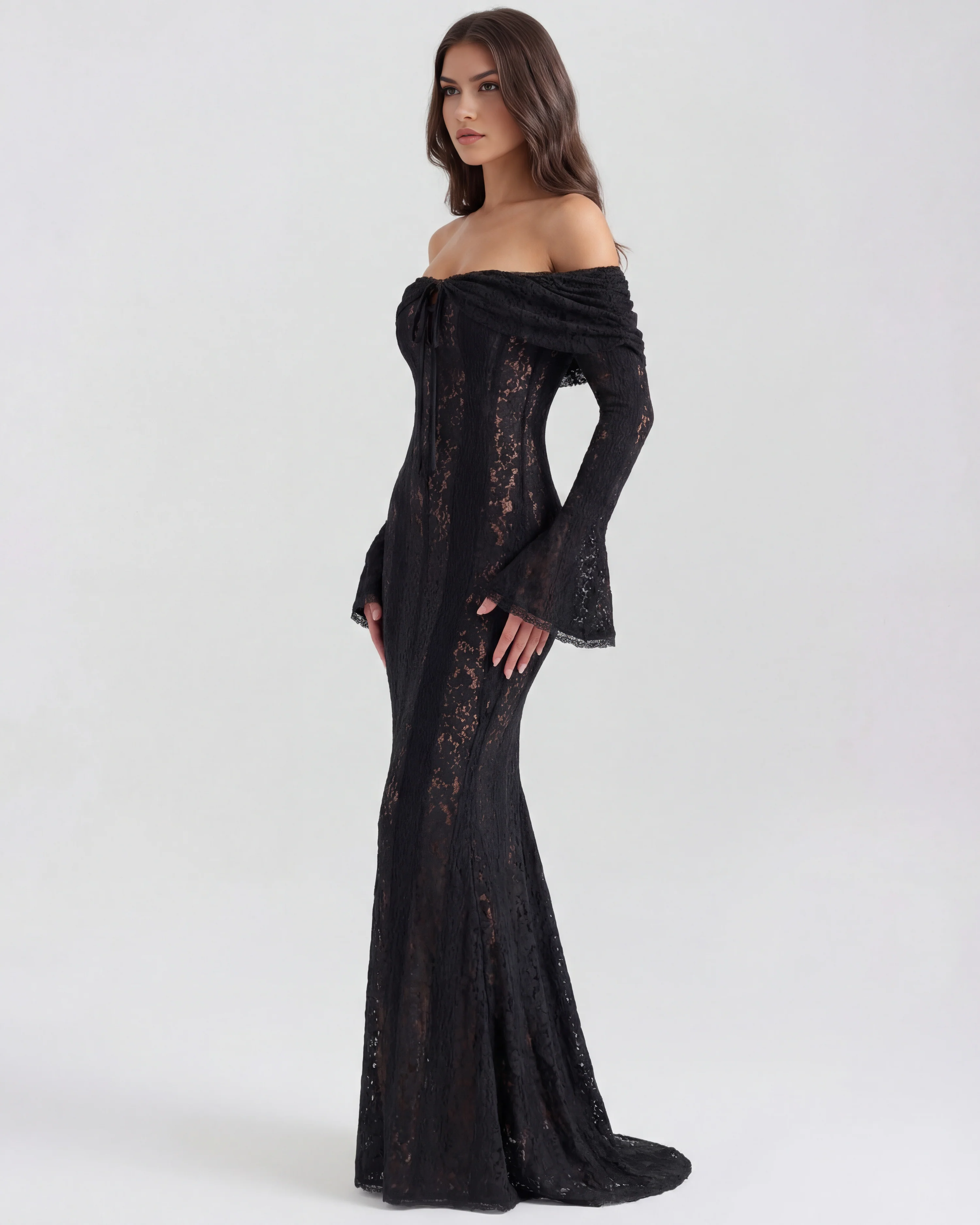 Black Lace Maxi Dress with Off-Shoulder Neckline & Sweeping Godet