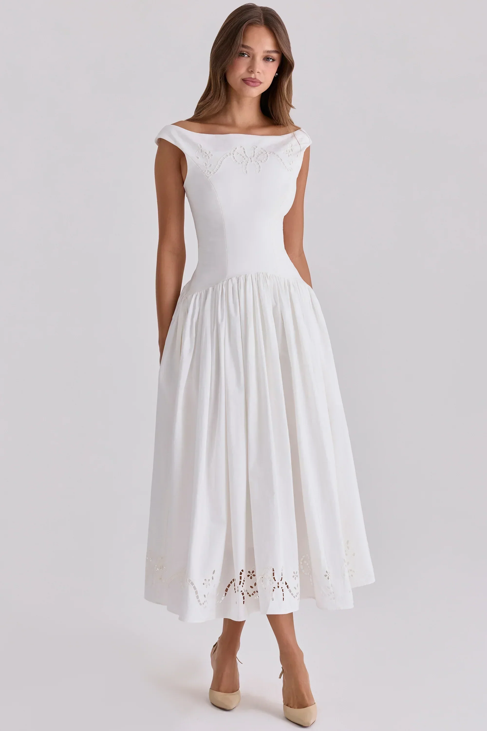 white cotton broderie anglaise boat neck maxi dress