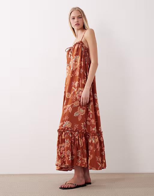 Accessorize floral frill maxi dress in rust